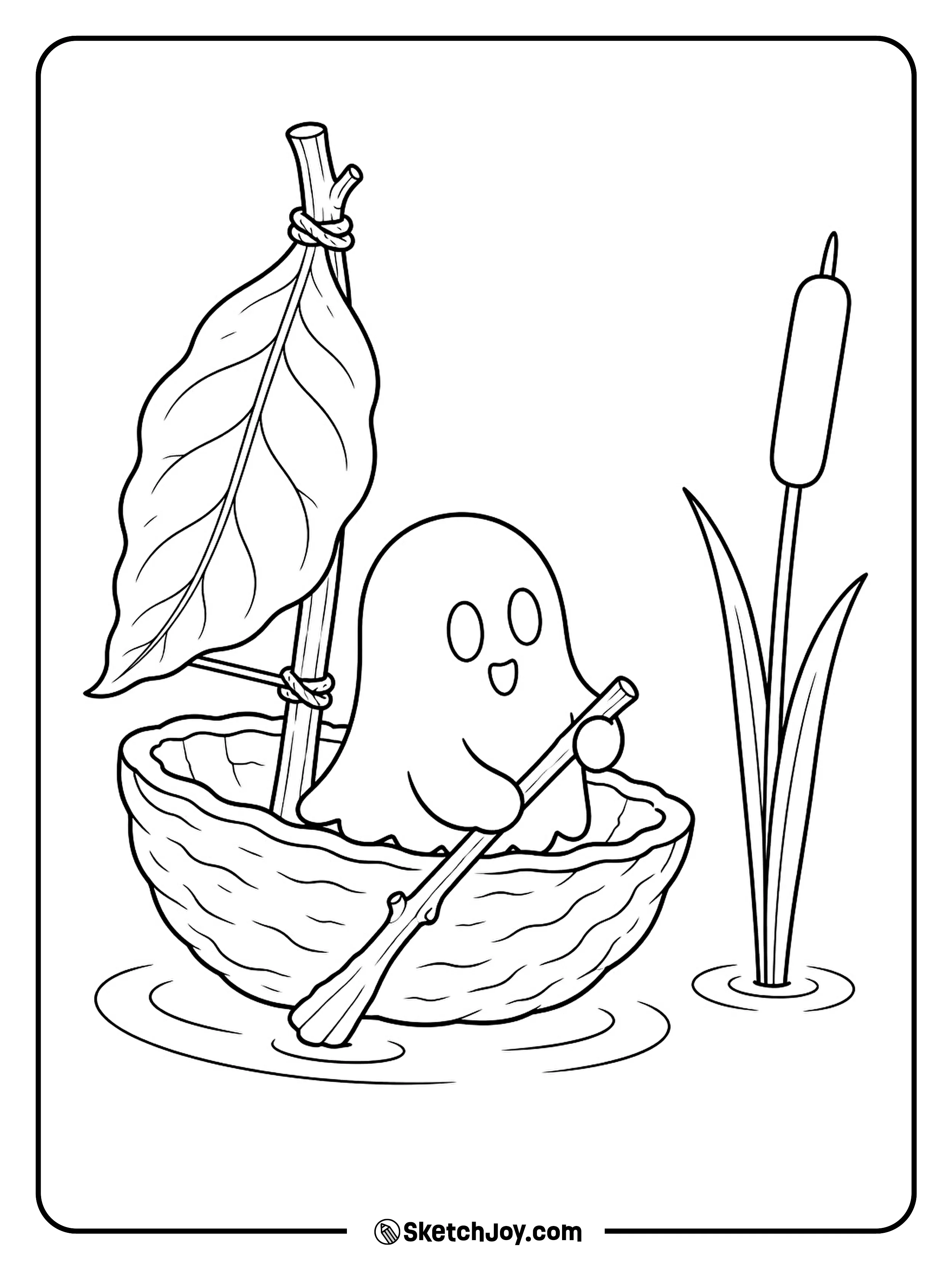 A tiny ghost steers a walnut boat past a tall pond reed.