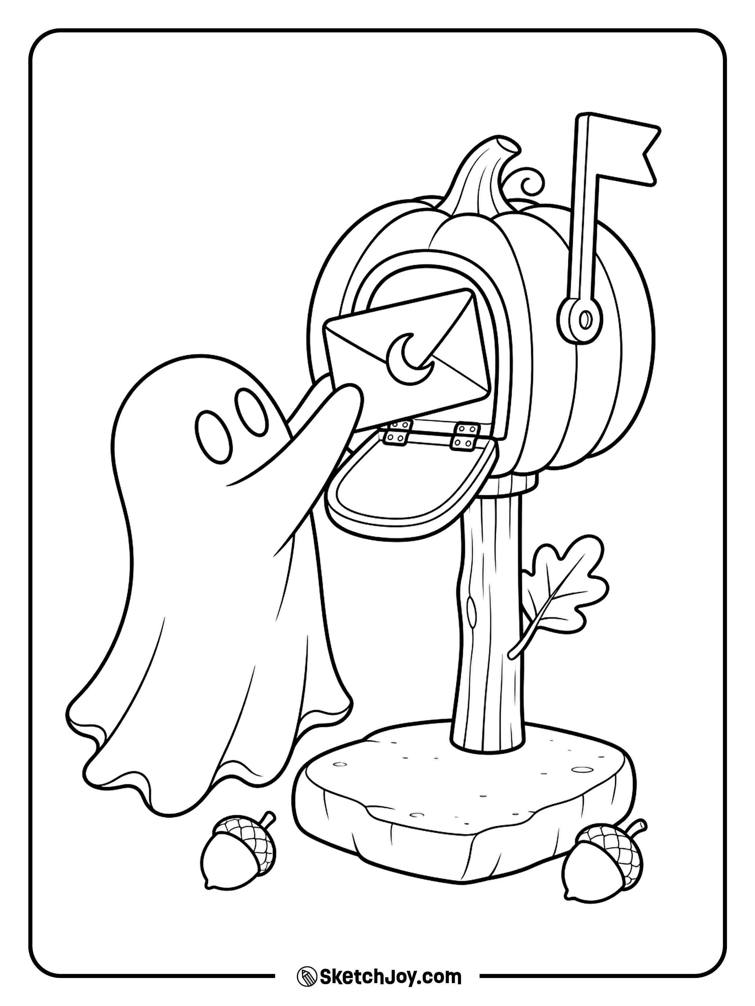 A friendly ghost slips a Halloween invite into a pumpkin mailbox.