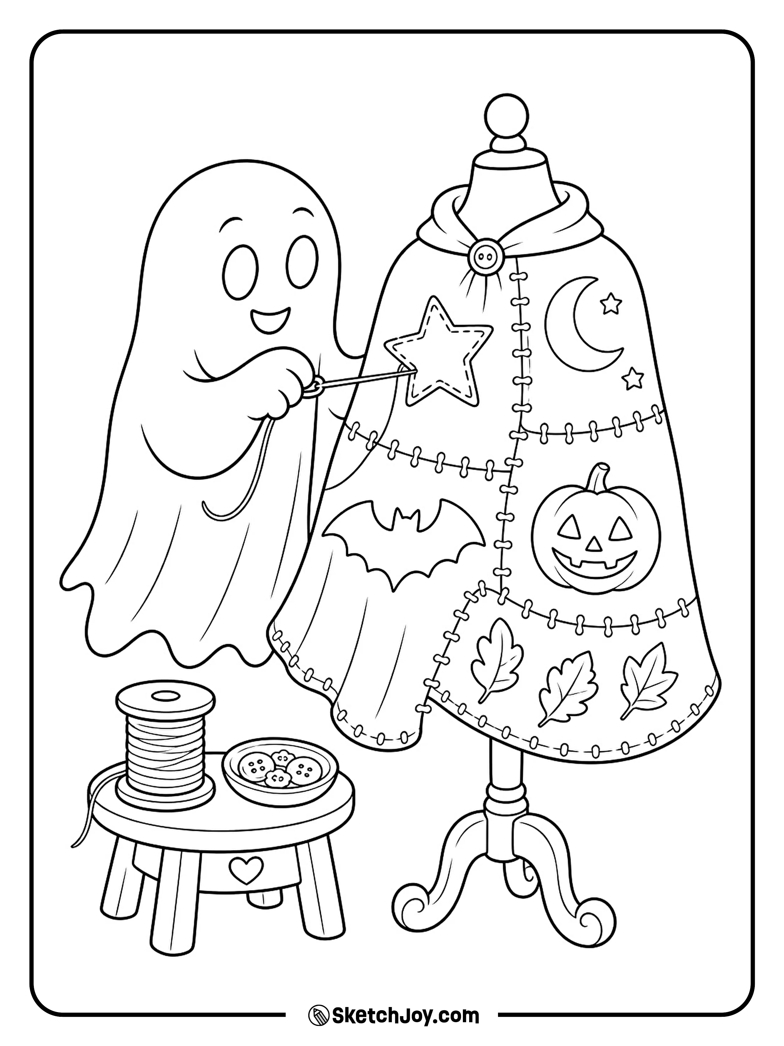 A ghost adds a star patch to a cape full of Halloween shapes.