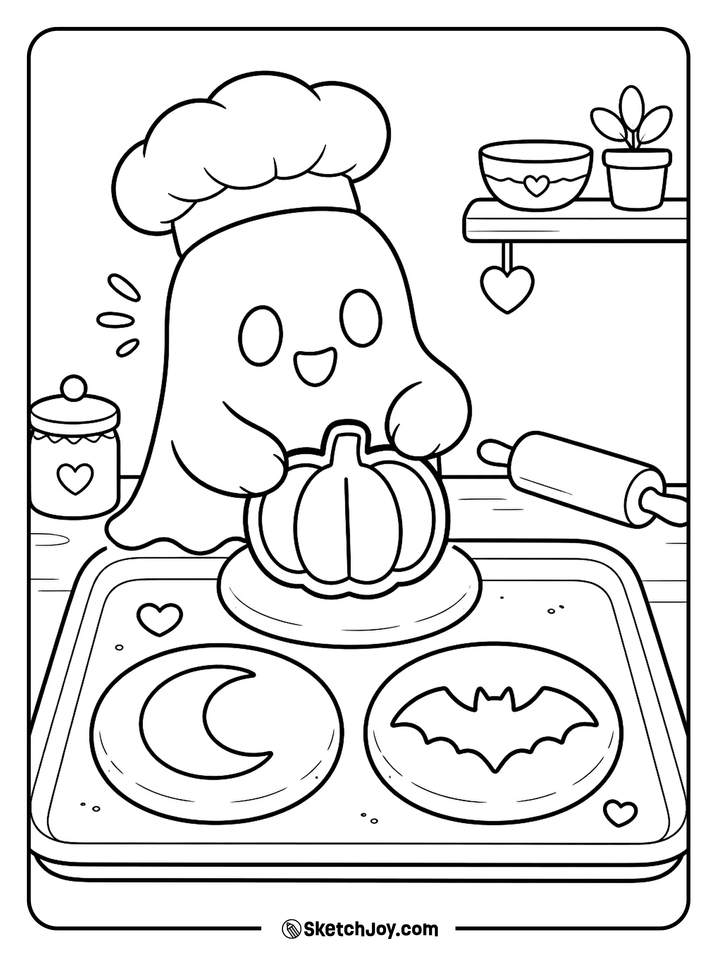 A small ghost presses a pumpkin stamp into a tray of cookies.