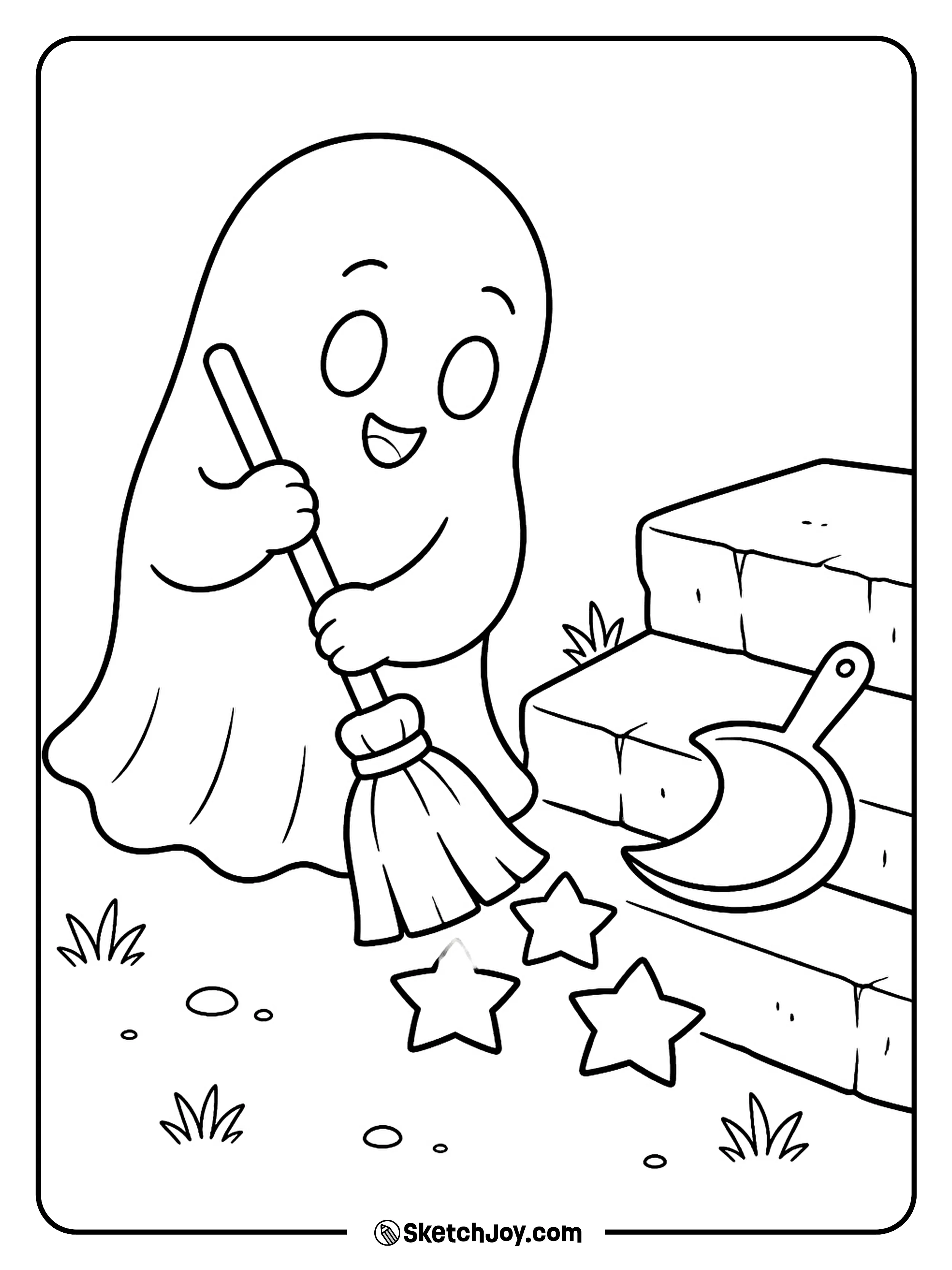 A busy ghost sweeps three fallen stars into a moon-shaped dustpan.