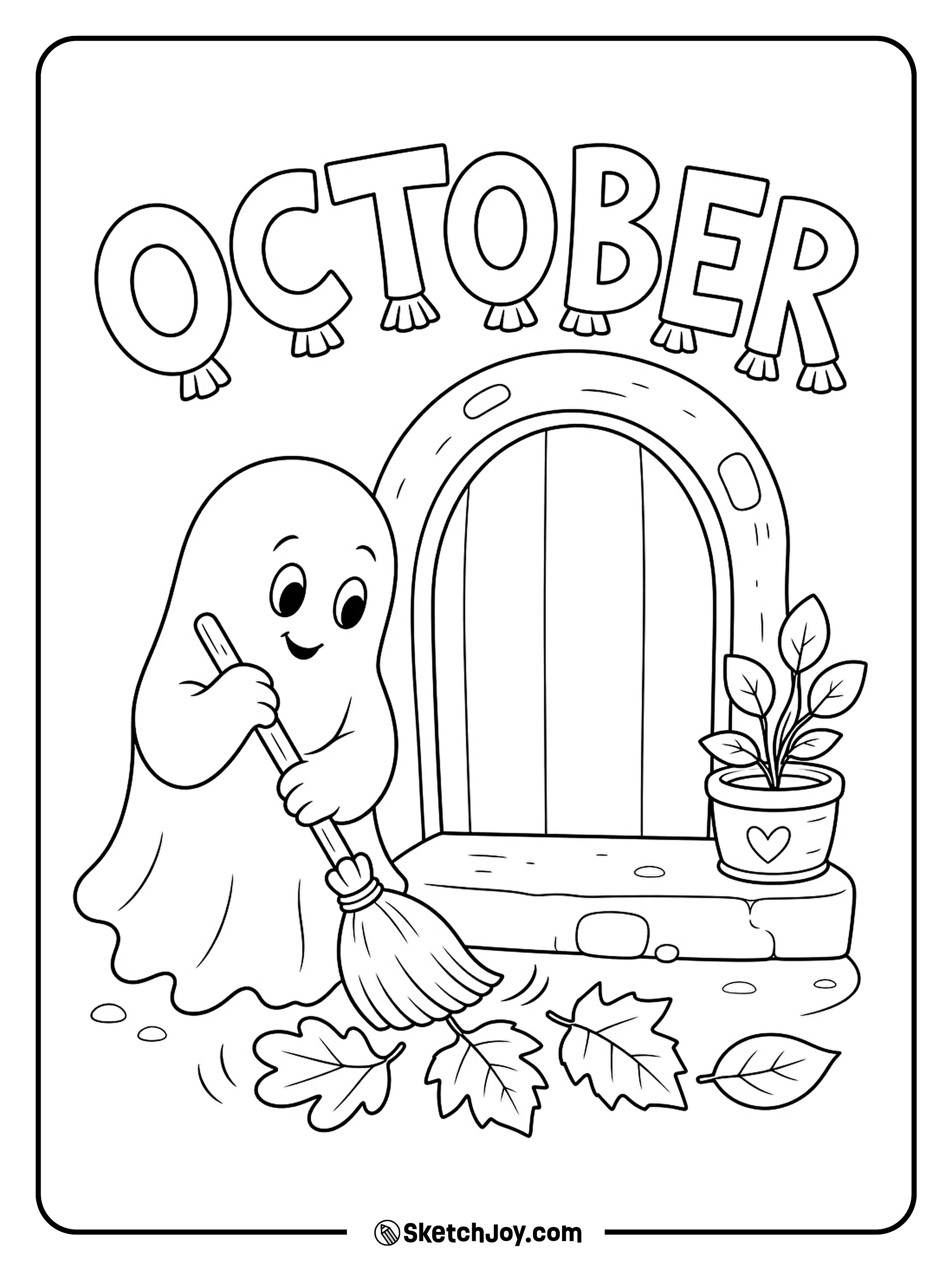 A friendly ghost sweeps three large leaves off a cottage step with a small broom.