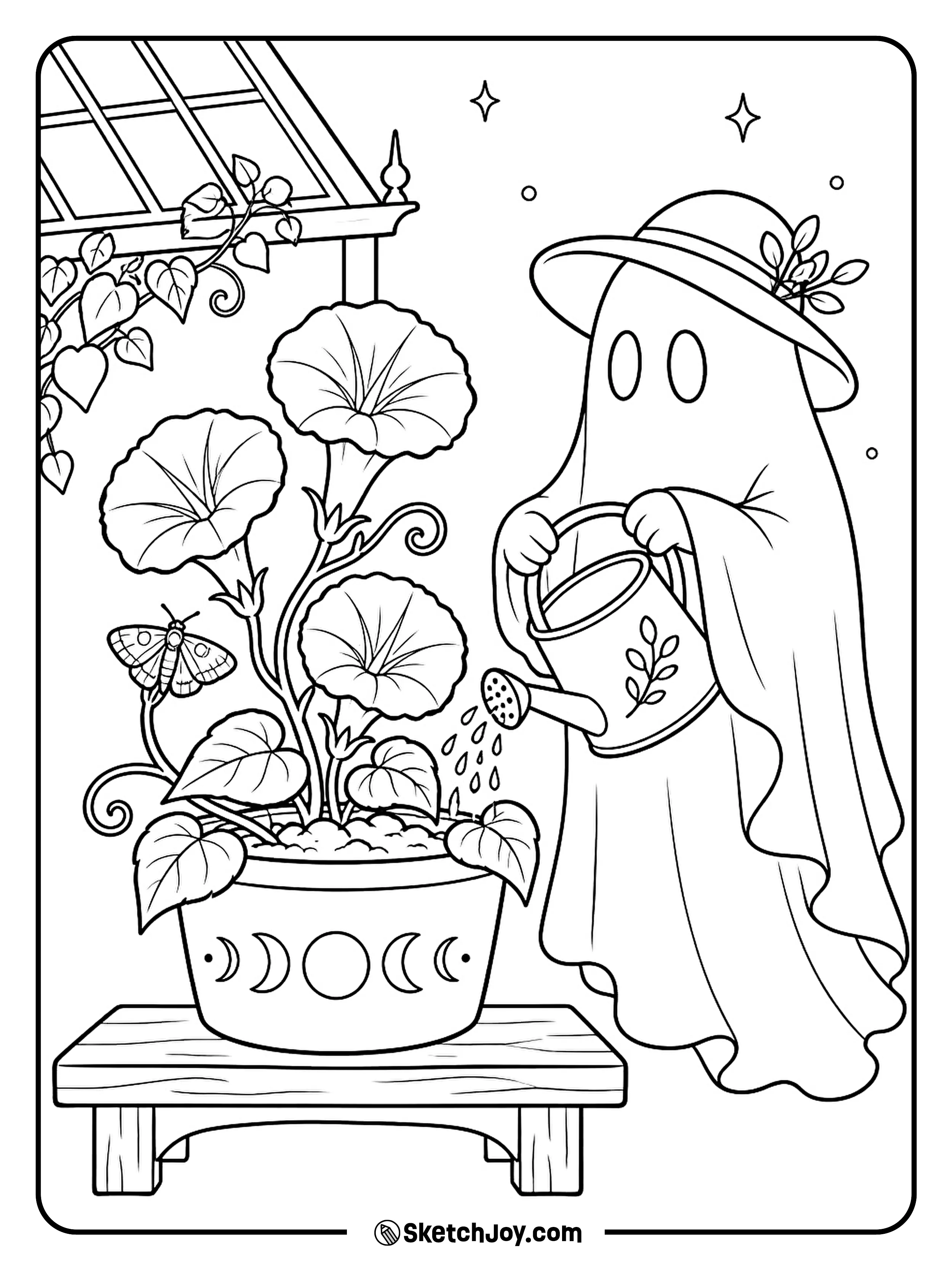 A ghost waters curling moonflowers beneath a small glass roof.