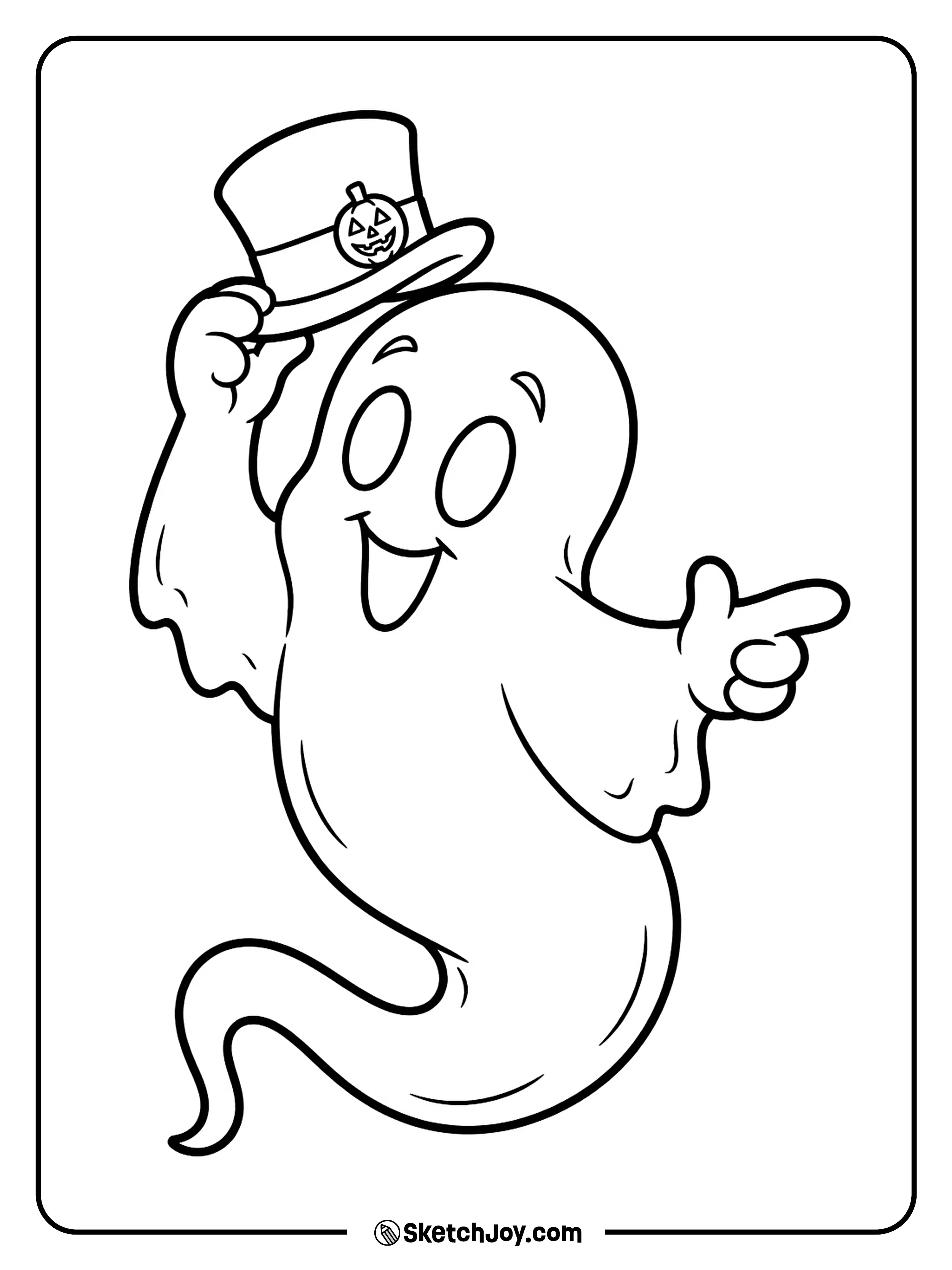A cheerful ghost tips a tiny top hat with a wide, silly grin.