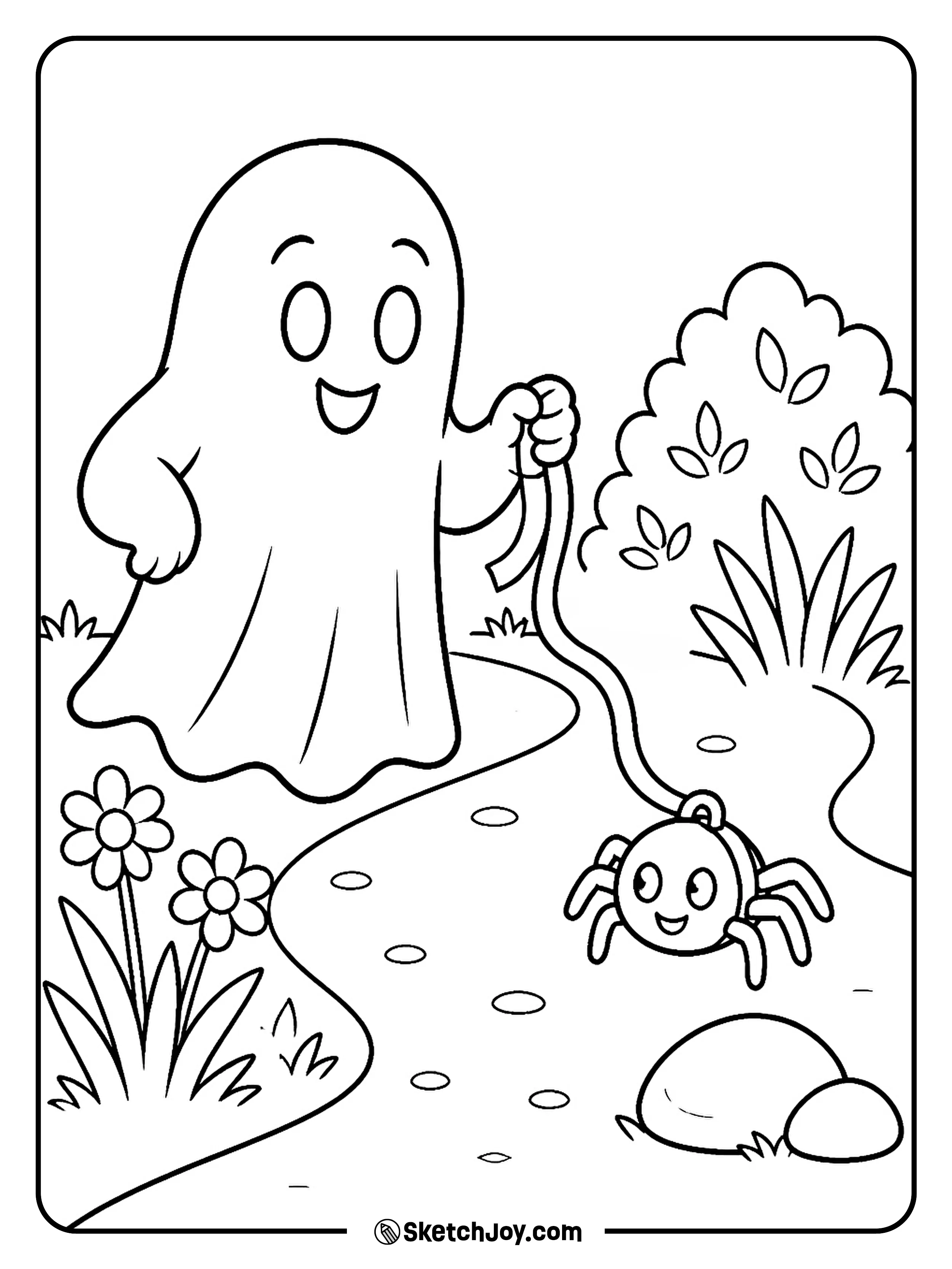 A ghost takes a smiling spider for a slow walk along a path.
