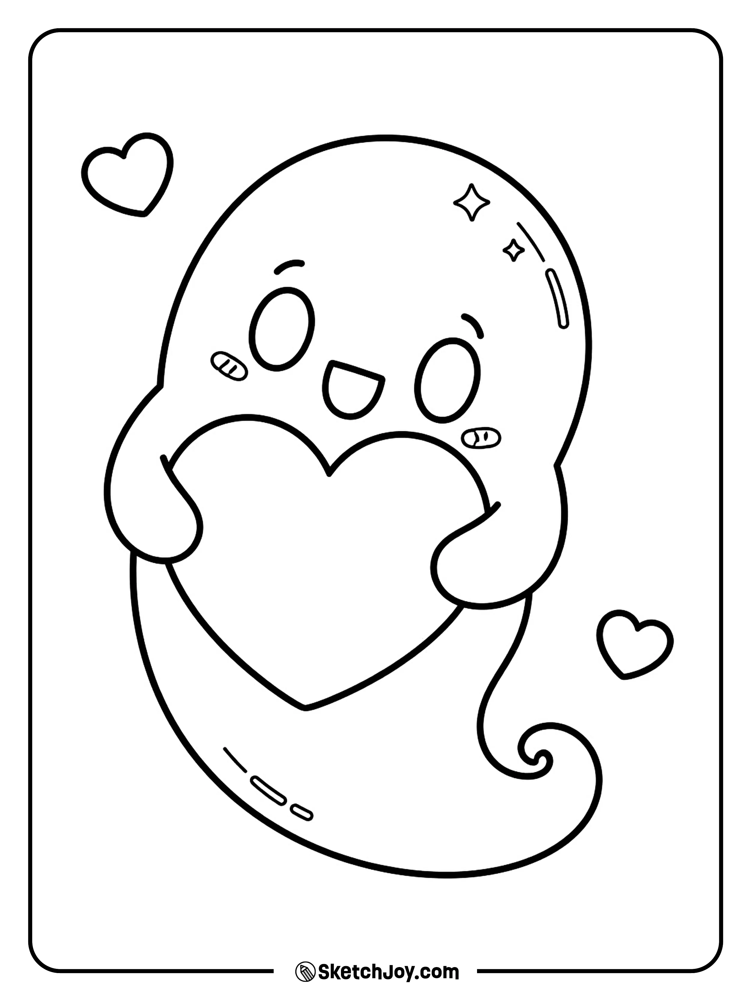 A happy ghost hugs a soft heart while two smaller hearts float nearby.