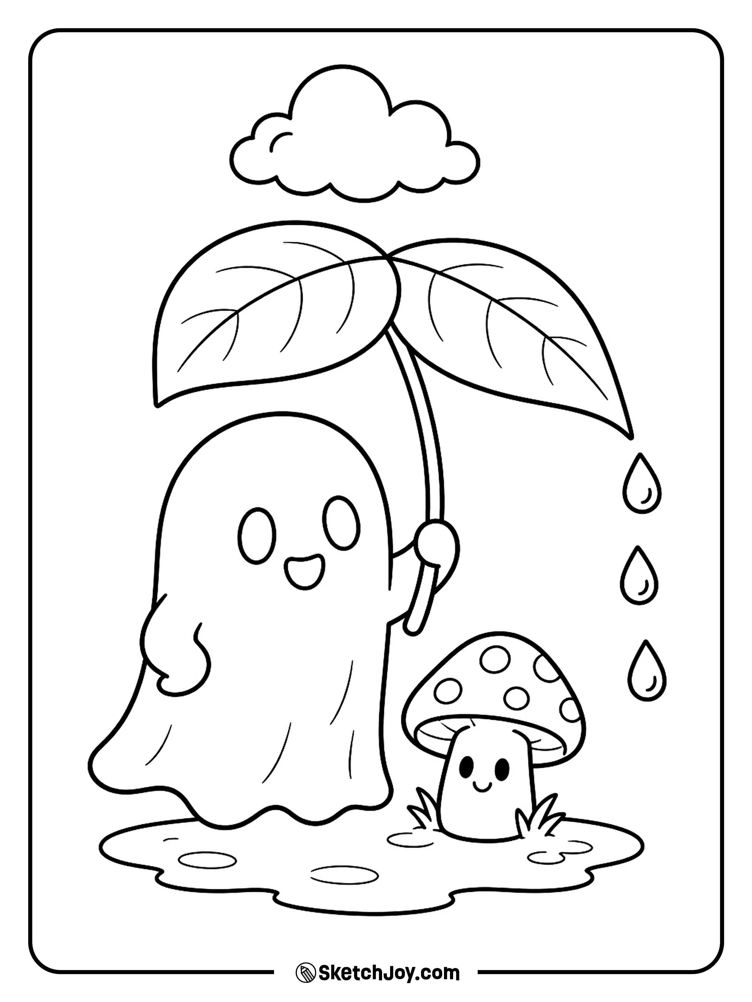 A ghost shares a giant leaf umbrella with a tiny mushroom friend.