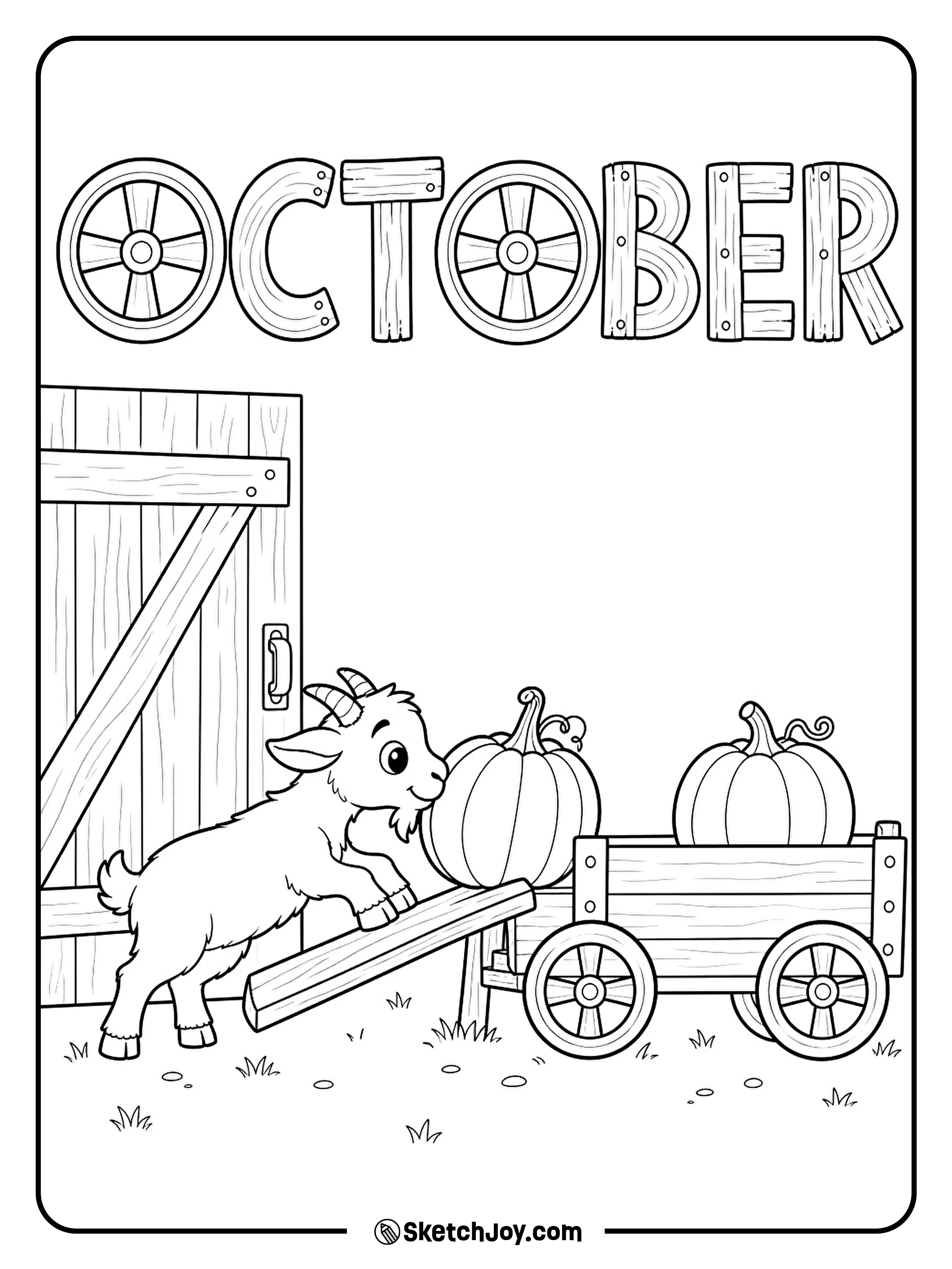 A small goat nudges a pumpkin up a short ramp and into a wooden wagon.