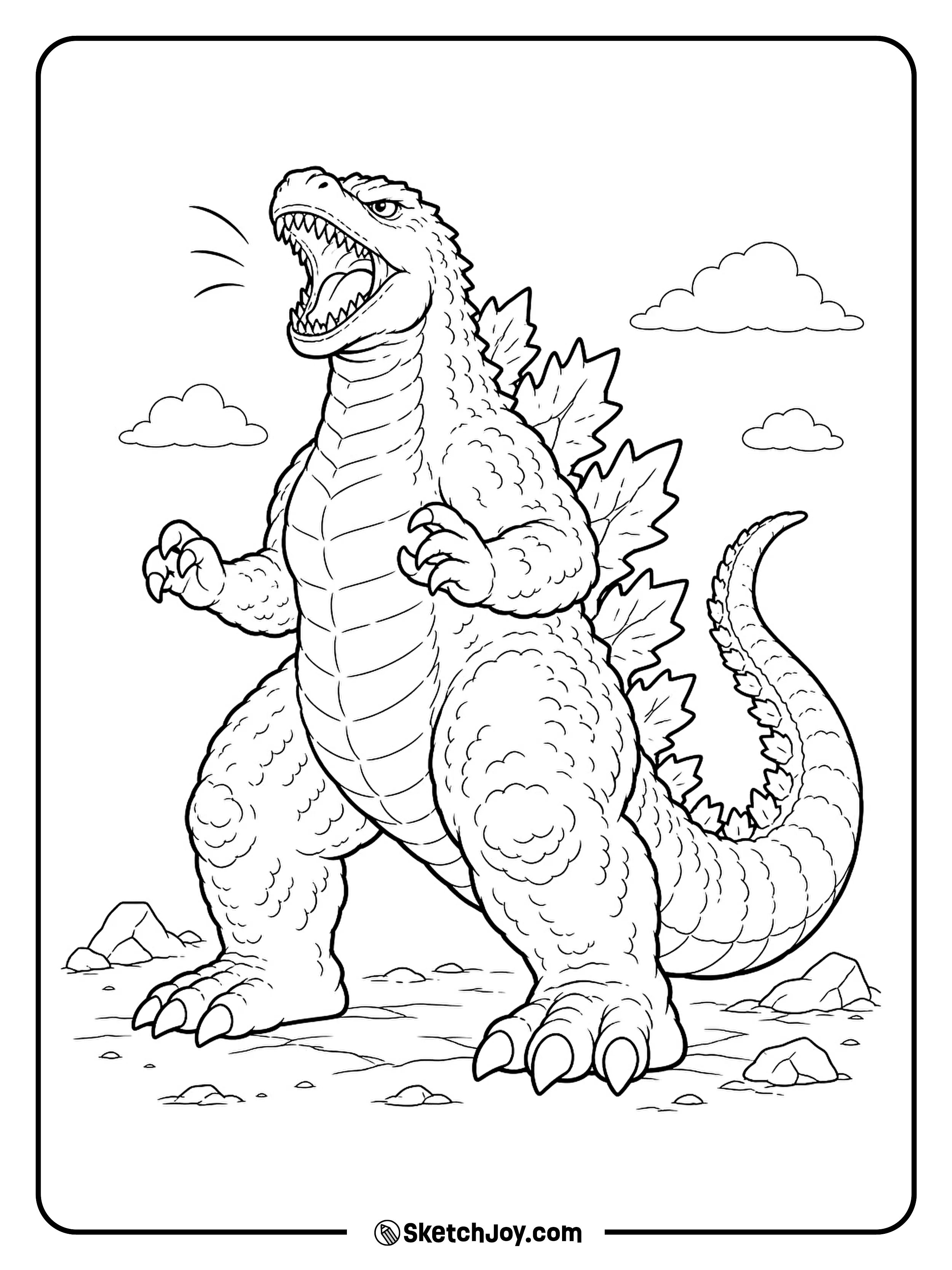 Godzilla lifts his head for a mighty roar with his tail curled beside him.