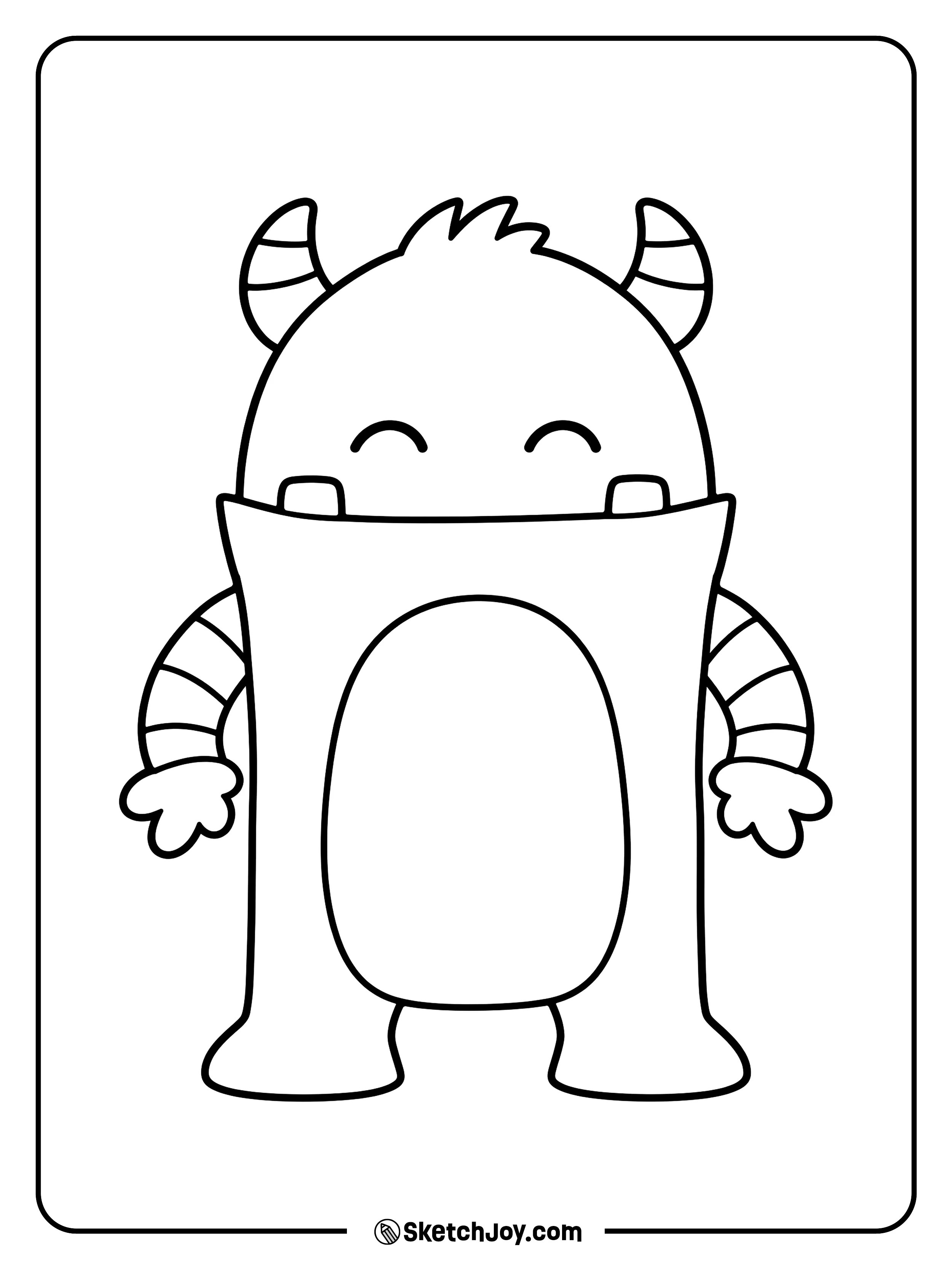 This tall monster closes its eyes and holds out its hands beneath two striped horns.