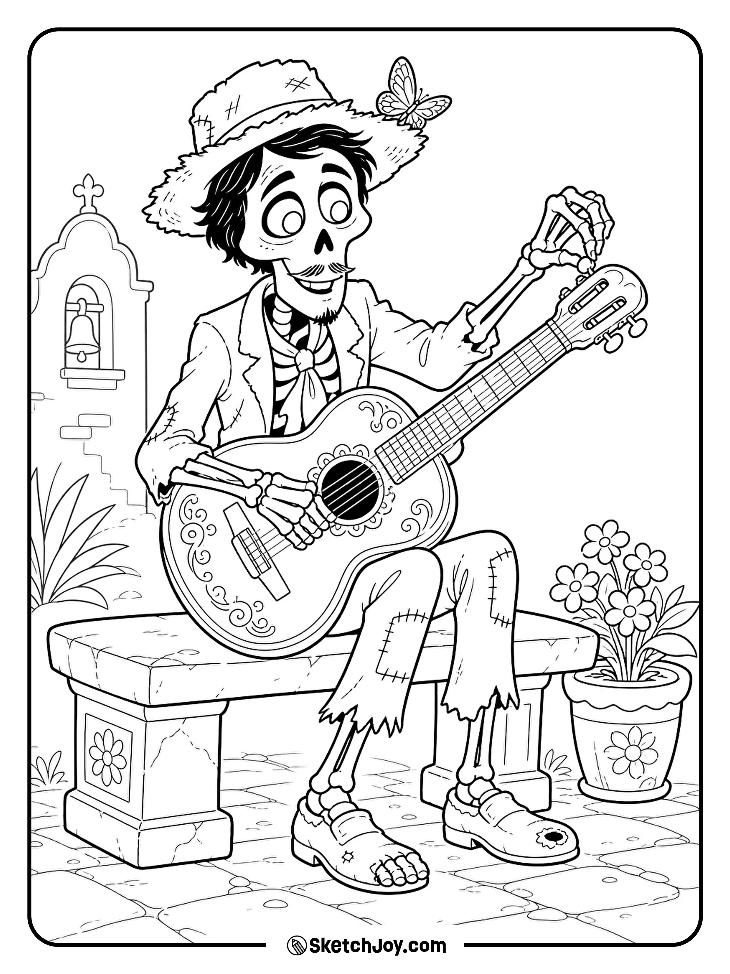 Héctor turns a guitar peg while a butterfly rests on his hat.
