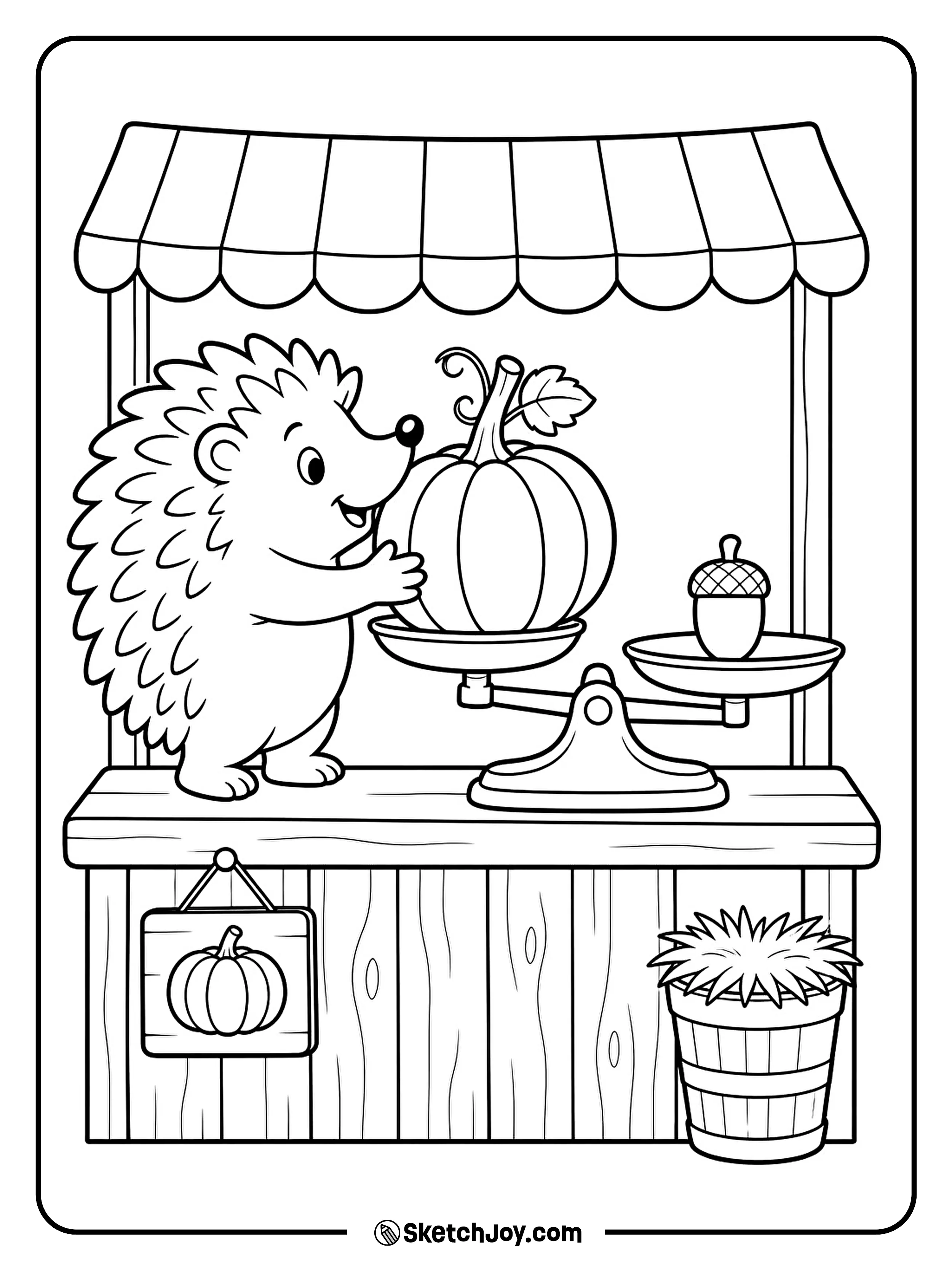A hedgehog weighs a little pumpkin at a farm stall.