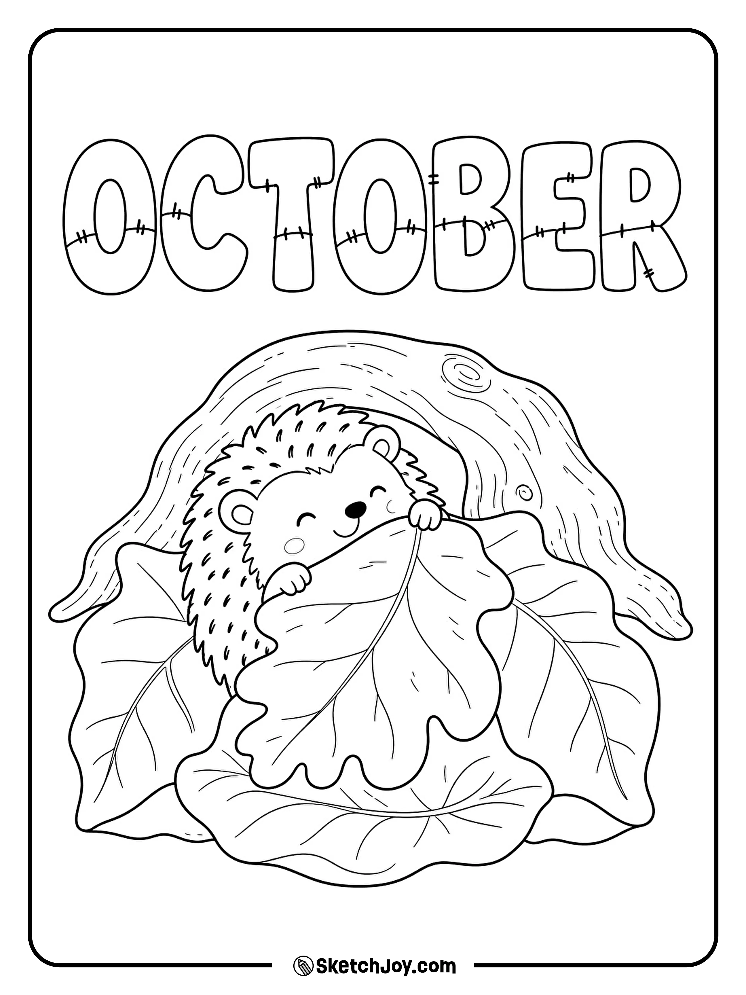 A hedgehog pulls a broad leaf over a small bed tucked beside a tree root.
