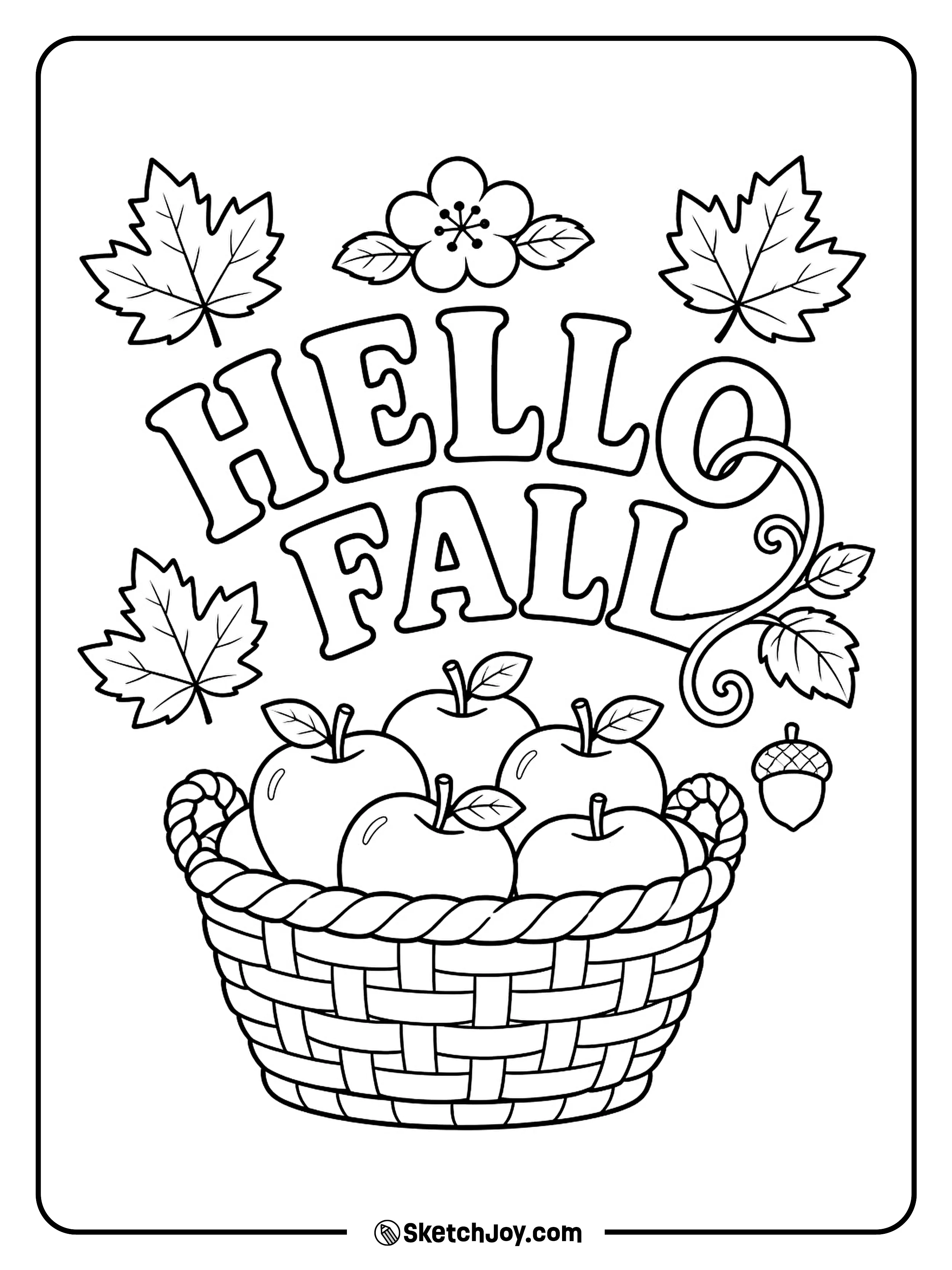 Hello Fall lettering rises above a basket of fresh apples and autumn leaves.