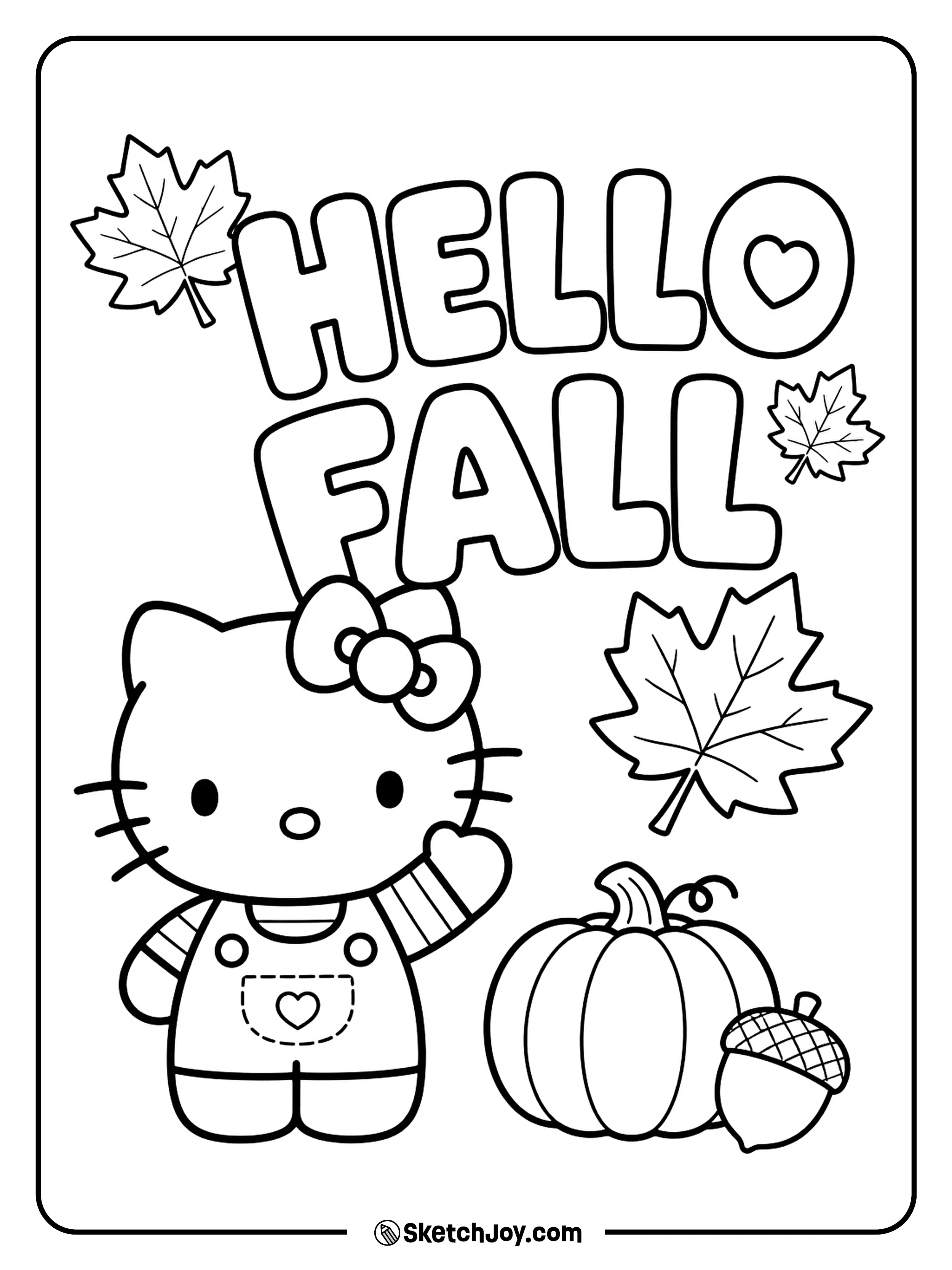 Hello Kitty stands beside cheerful Hello Fall lettering.