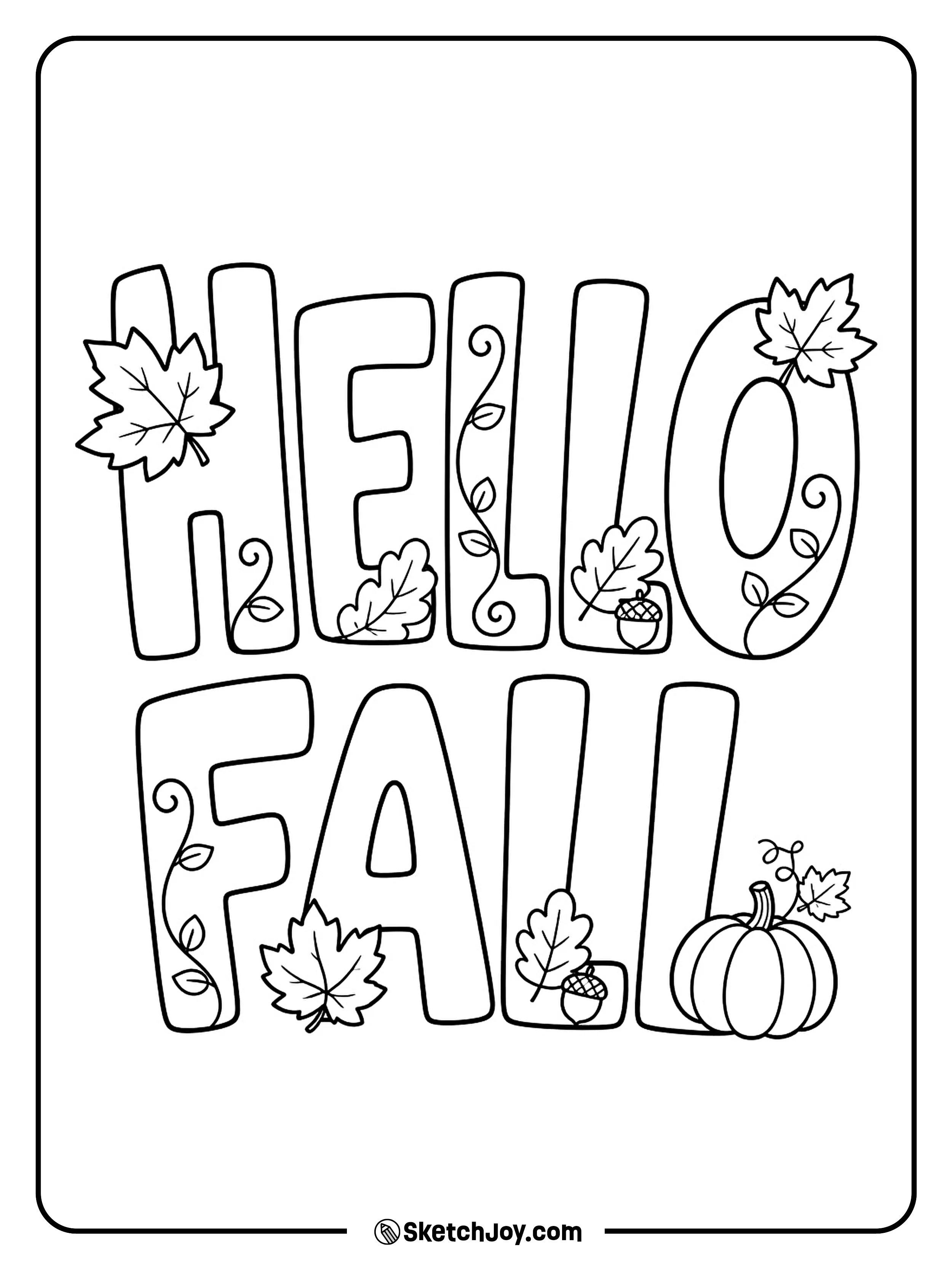 Cheerful Hello Fall letters curl around simple autumn leaves and acorns.