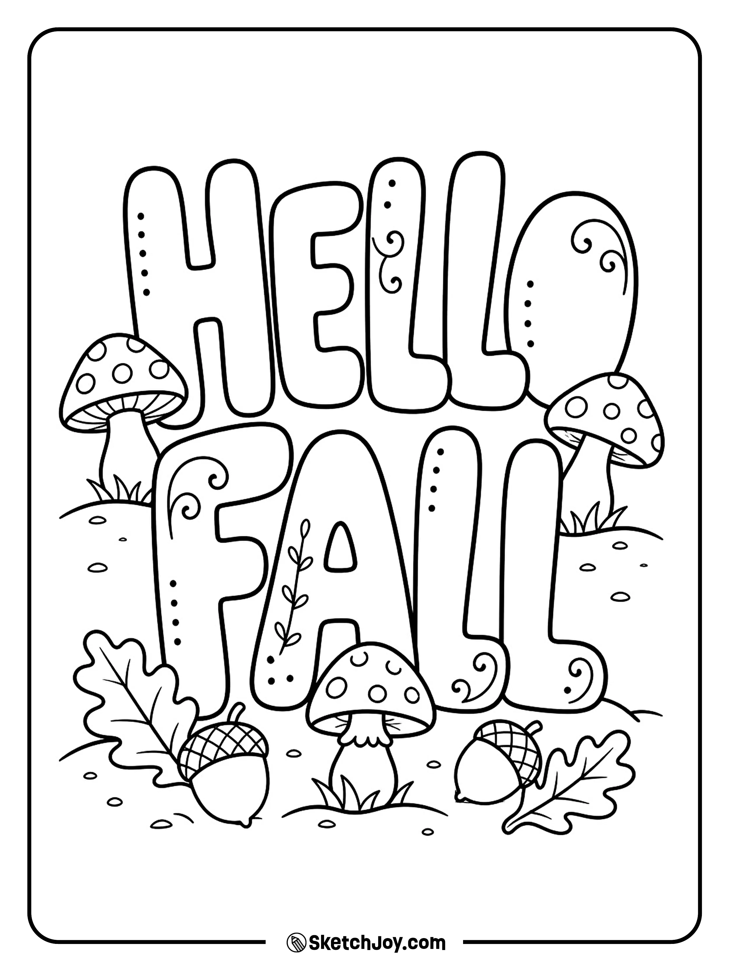 Hello Fall letters grow between cute mushrooms and small autumn leaves.