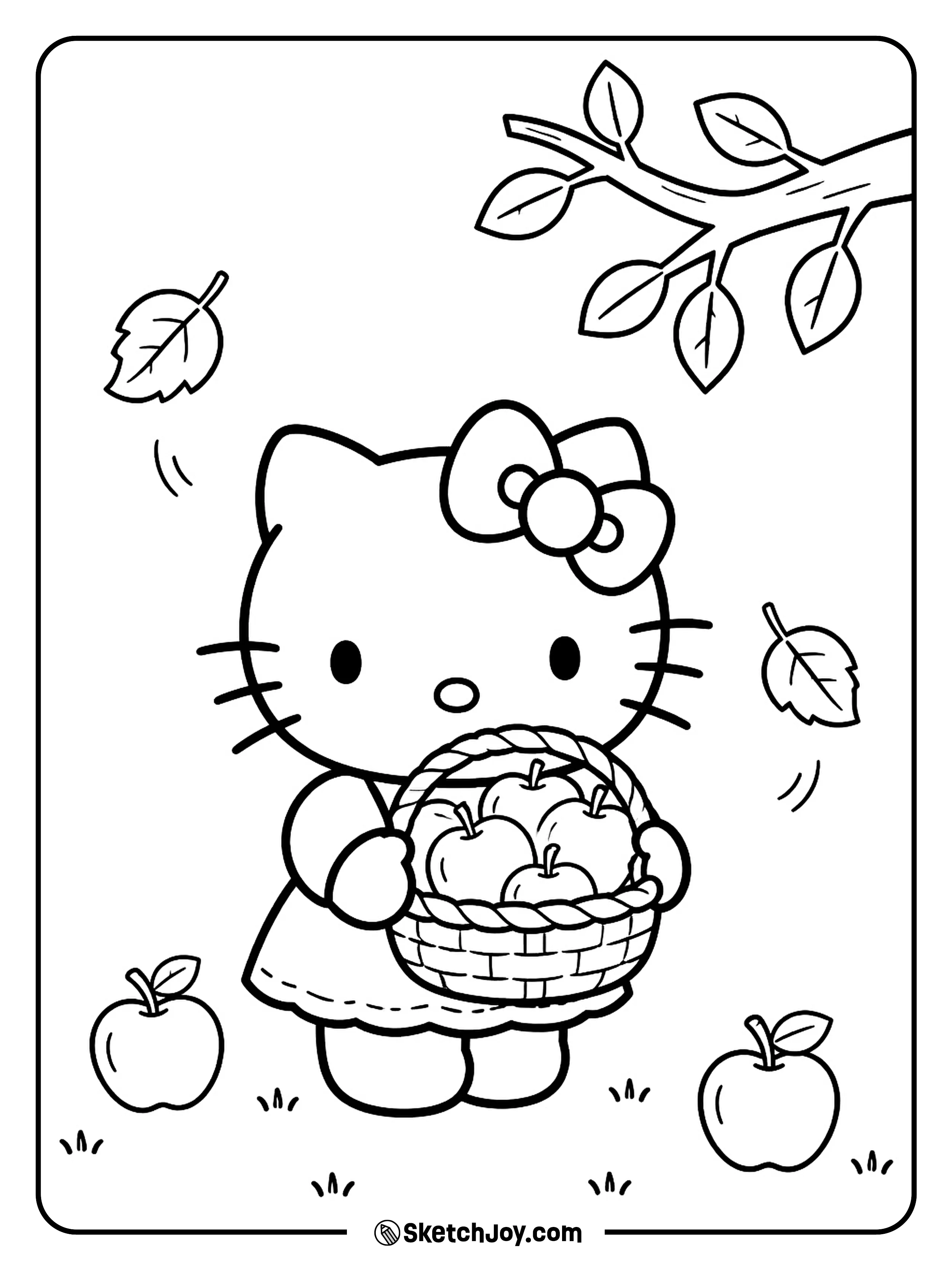 Hello Kitty holds a basket of apples under a few falling leaves.