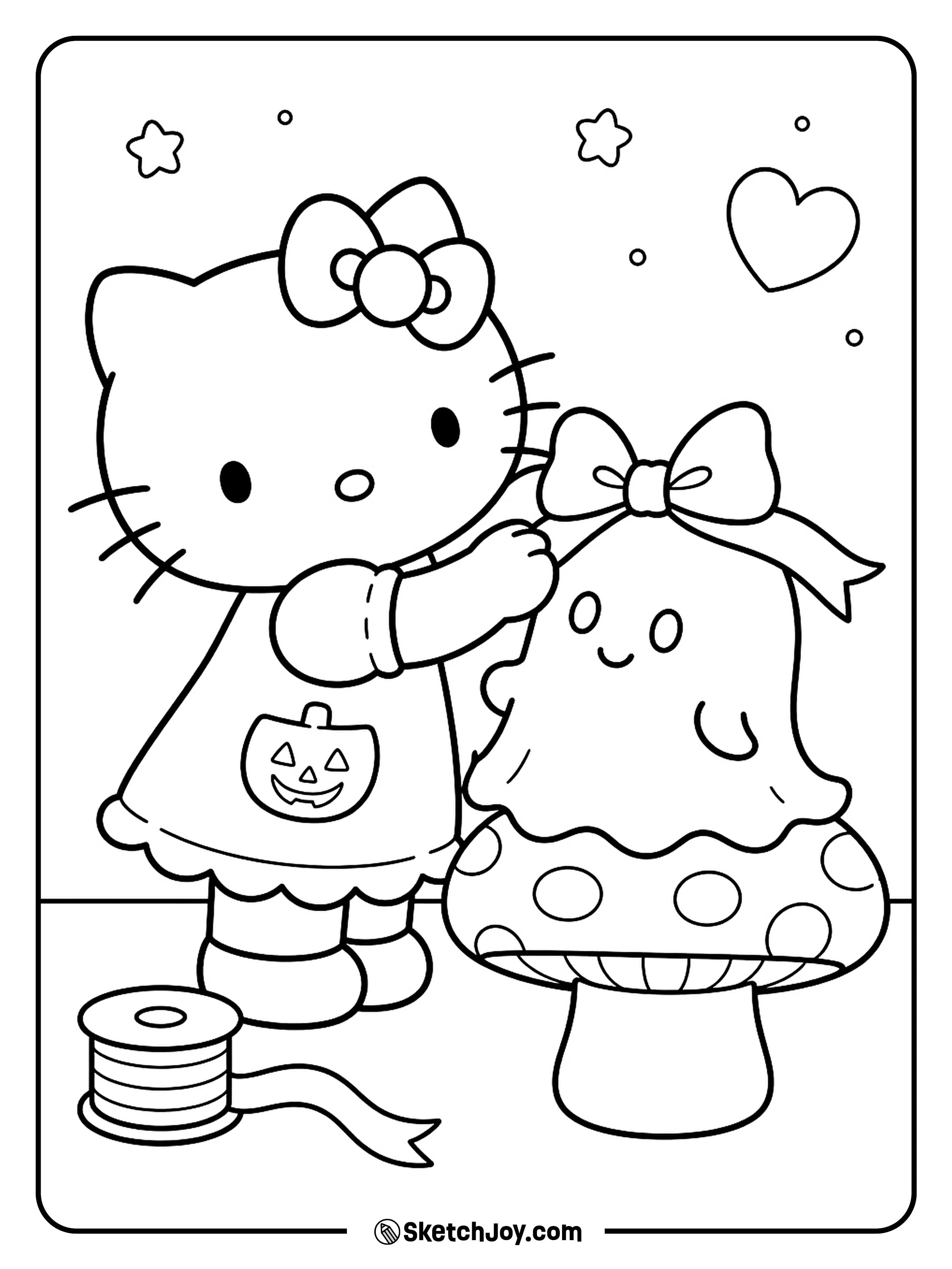 Hello Kitty ties a big bow on a smiling ghost friend.