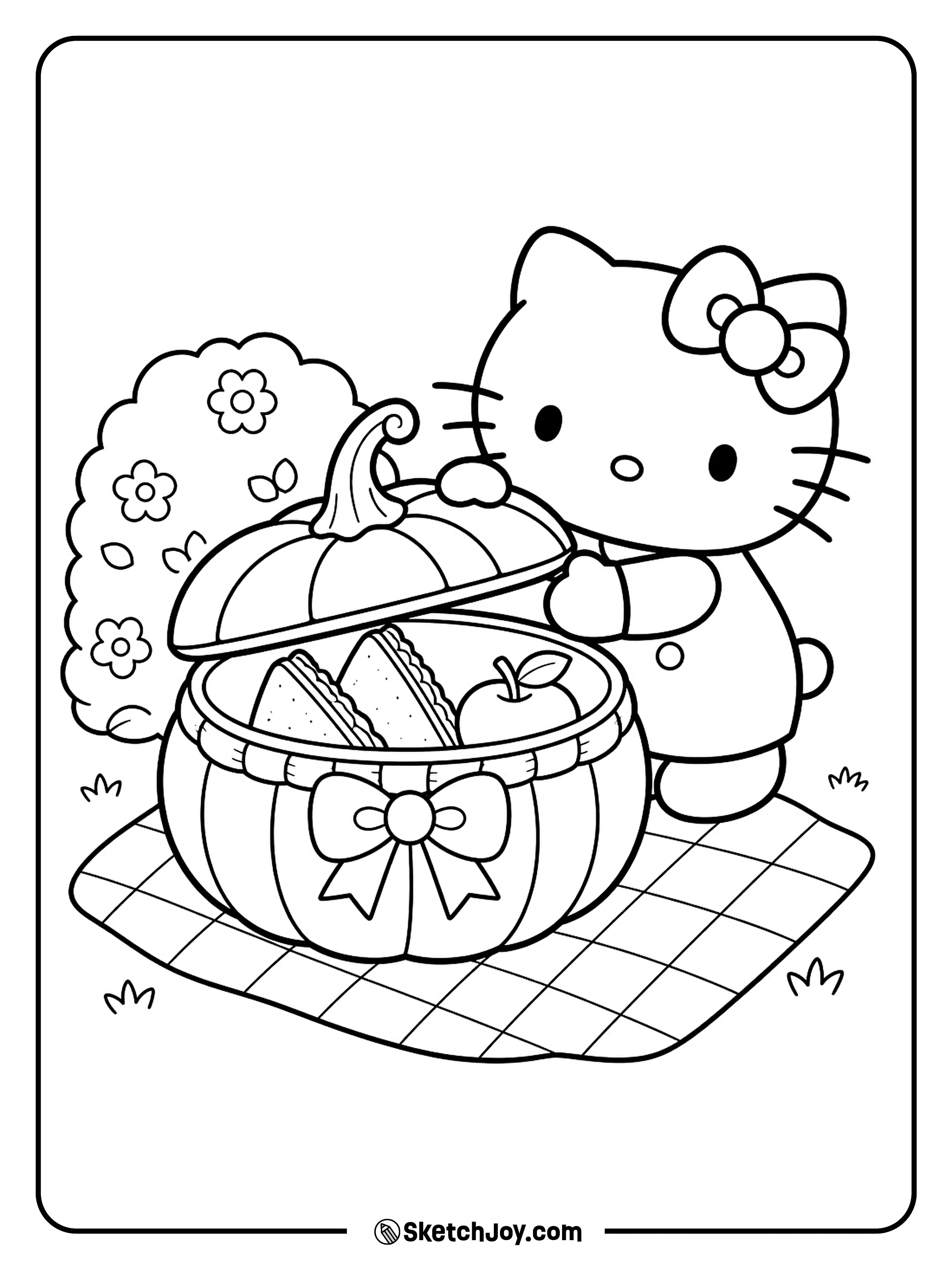 Hello Kitty lifts the lid of a pumpkin basket packed for a picnic.
