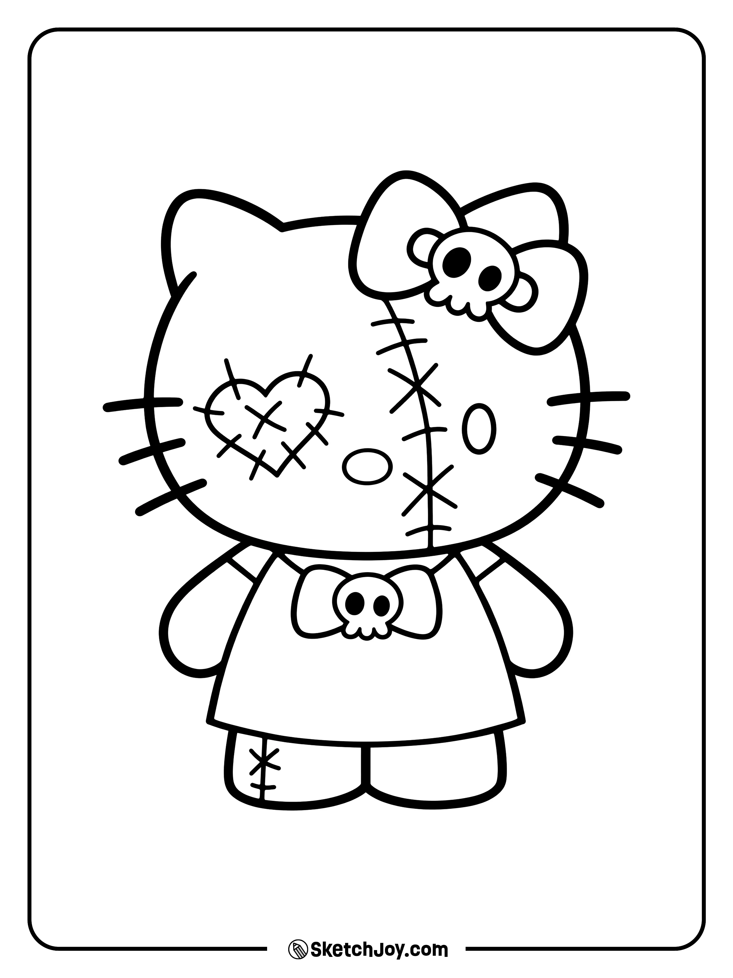 Hello Kitty wears skull bows, stitched patches, and a heart-shaped cover over one eye.
