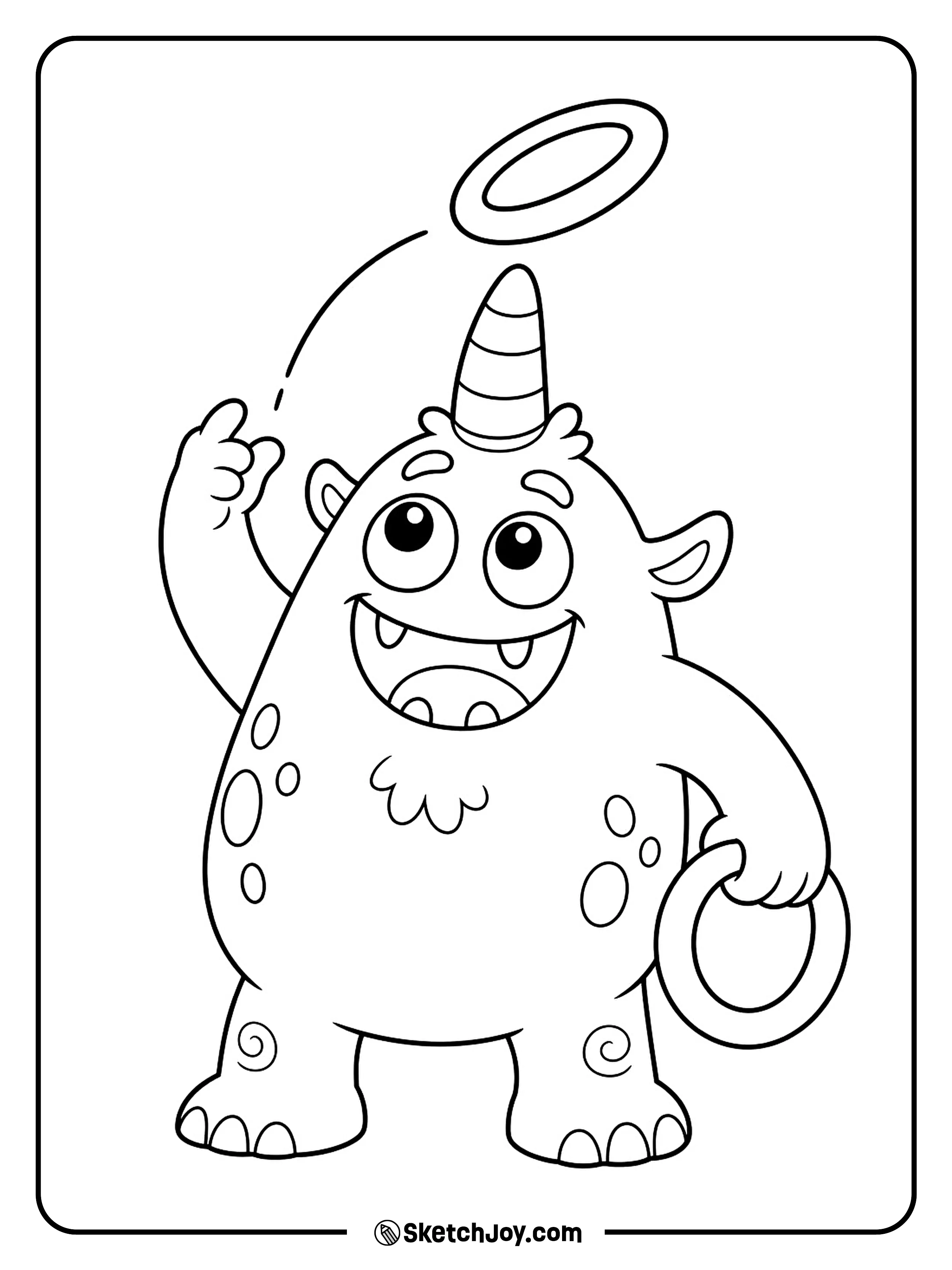 A playful monster tosses a ring toward the tall horn on its head.