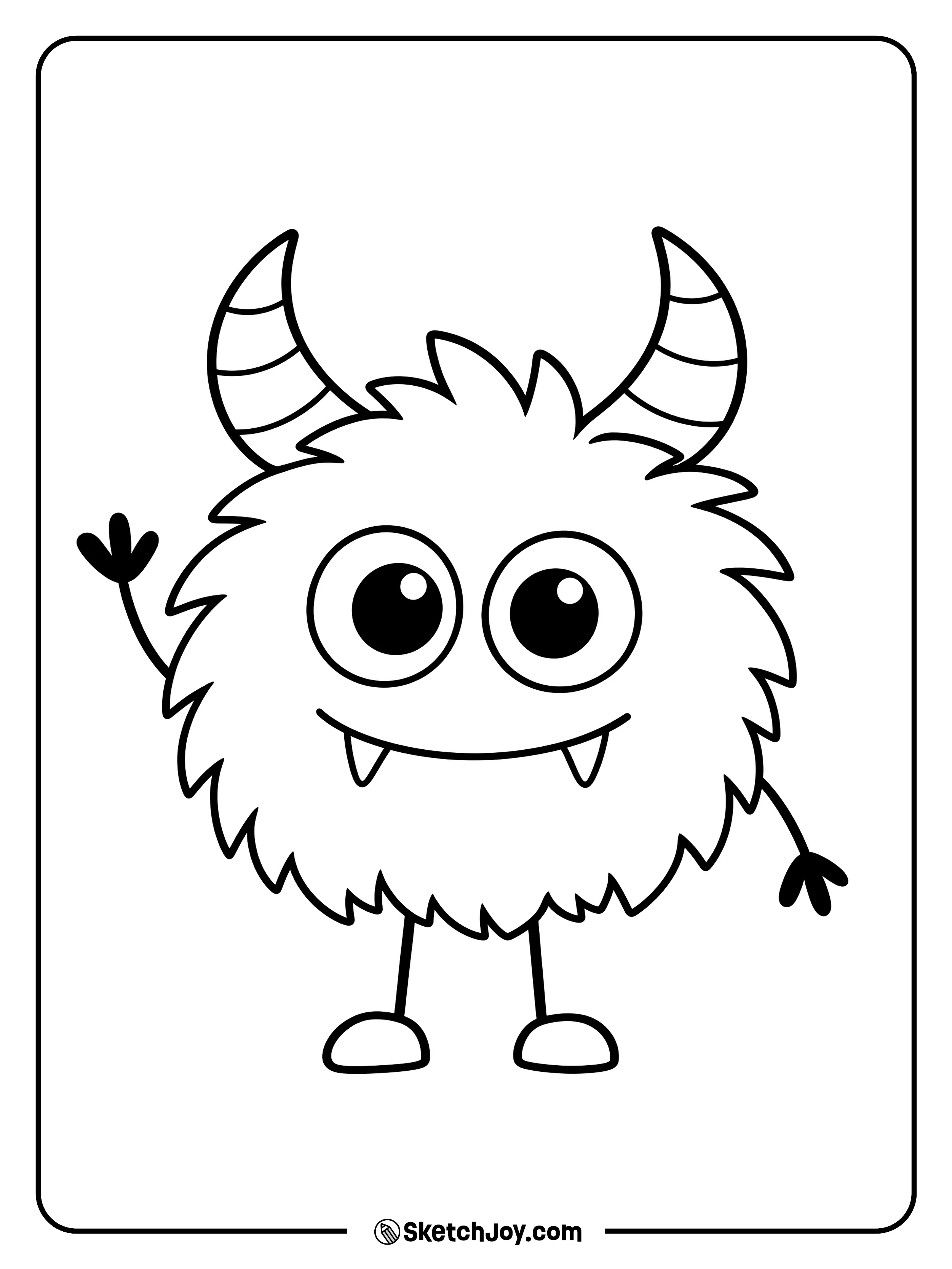 One little hand waves above a round, furry monster with striped horns and two fangs.