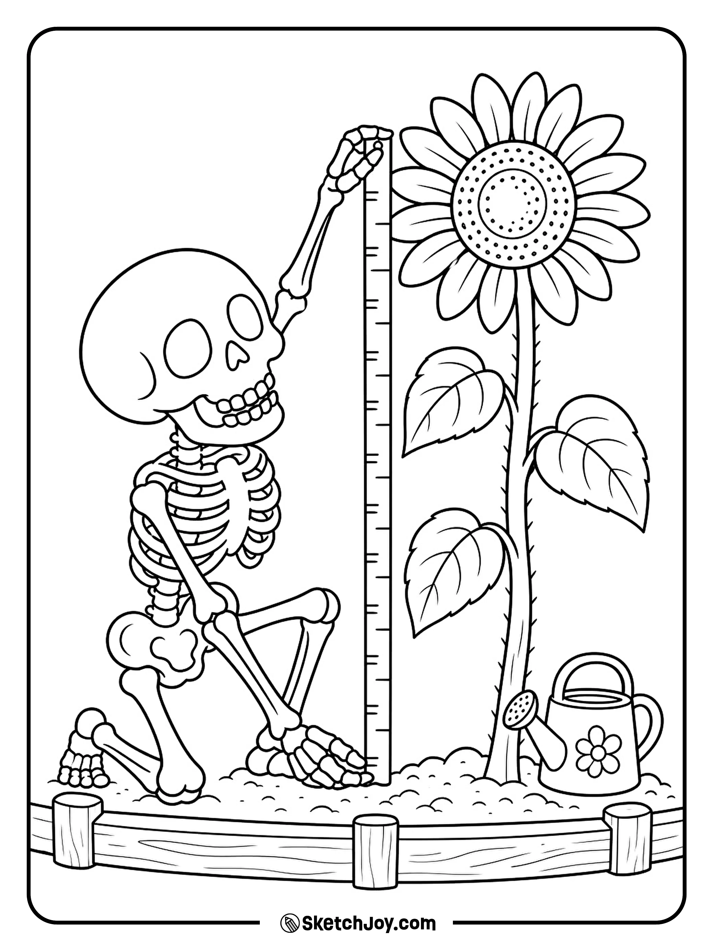 One tall sunflower towers over a skeleton holding a long measuring tape.