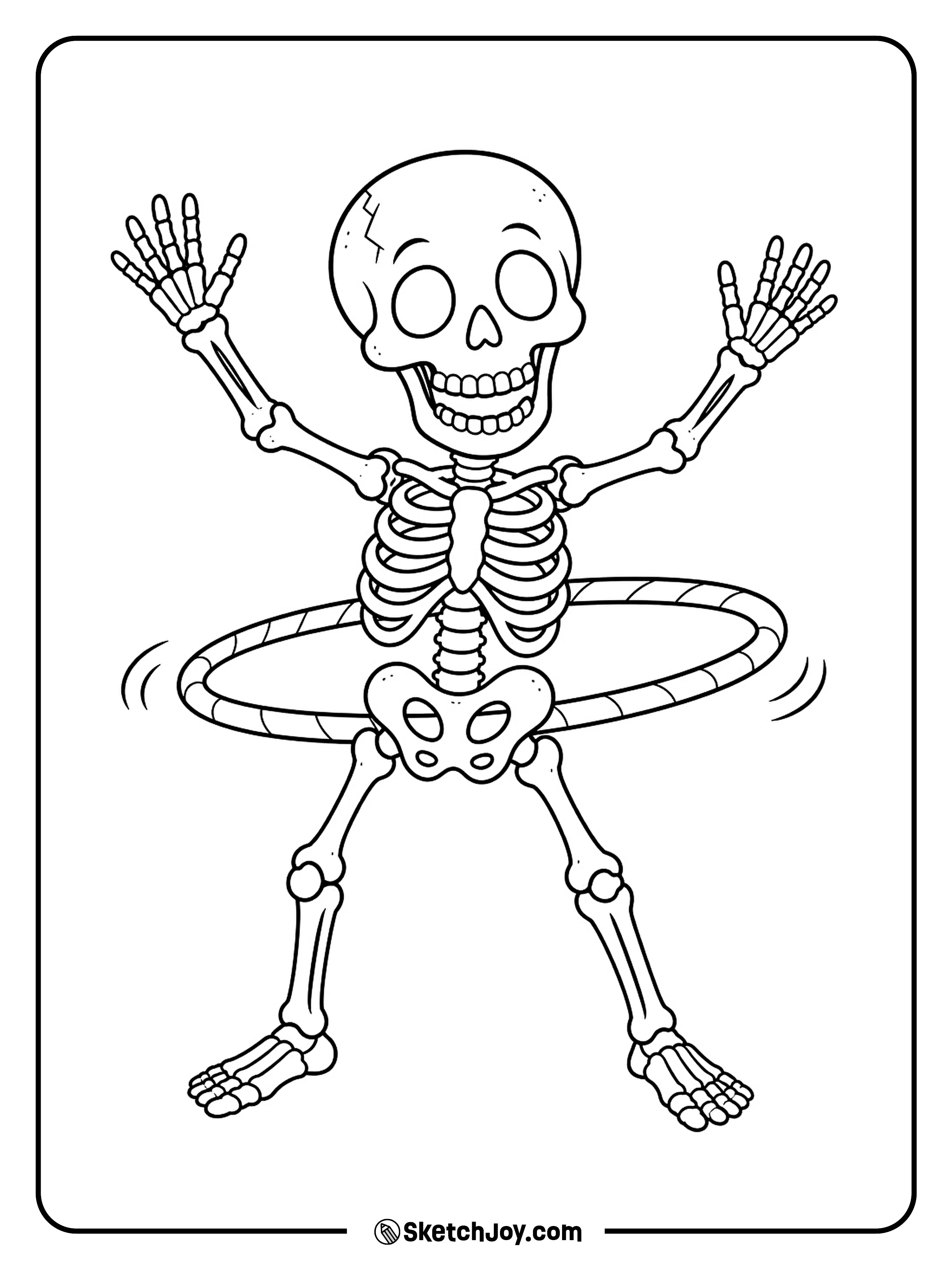 A happy skeleton swings its hips to keep a wide hoop spinning.