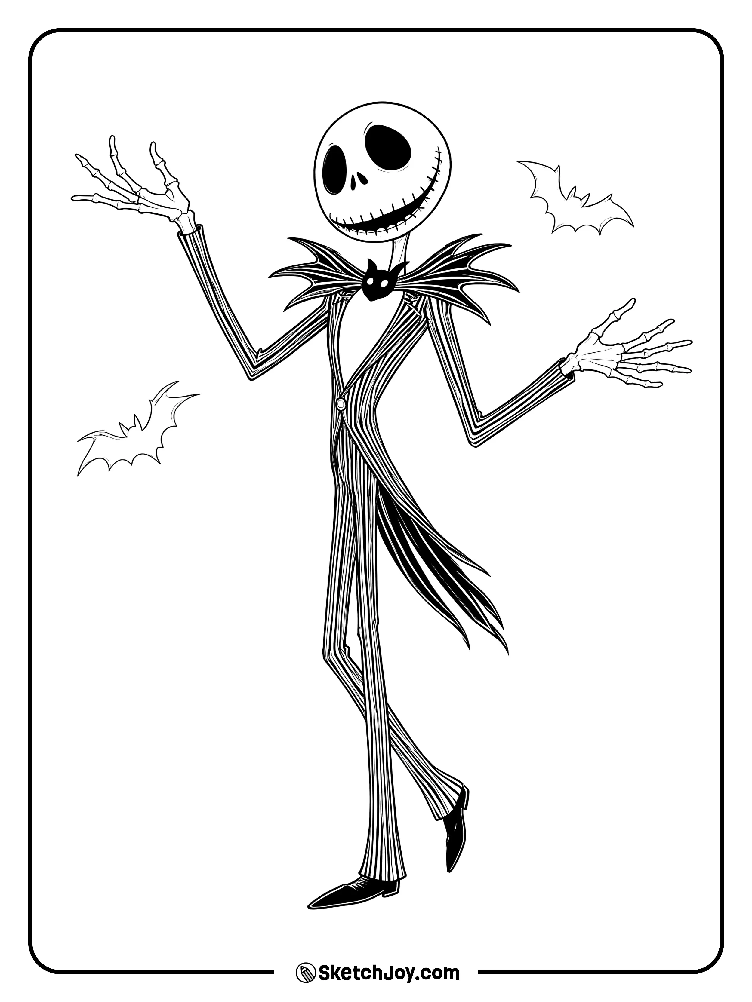 Jack Skellington spreads his long arms and tilts his skull in a grand greeting.