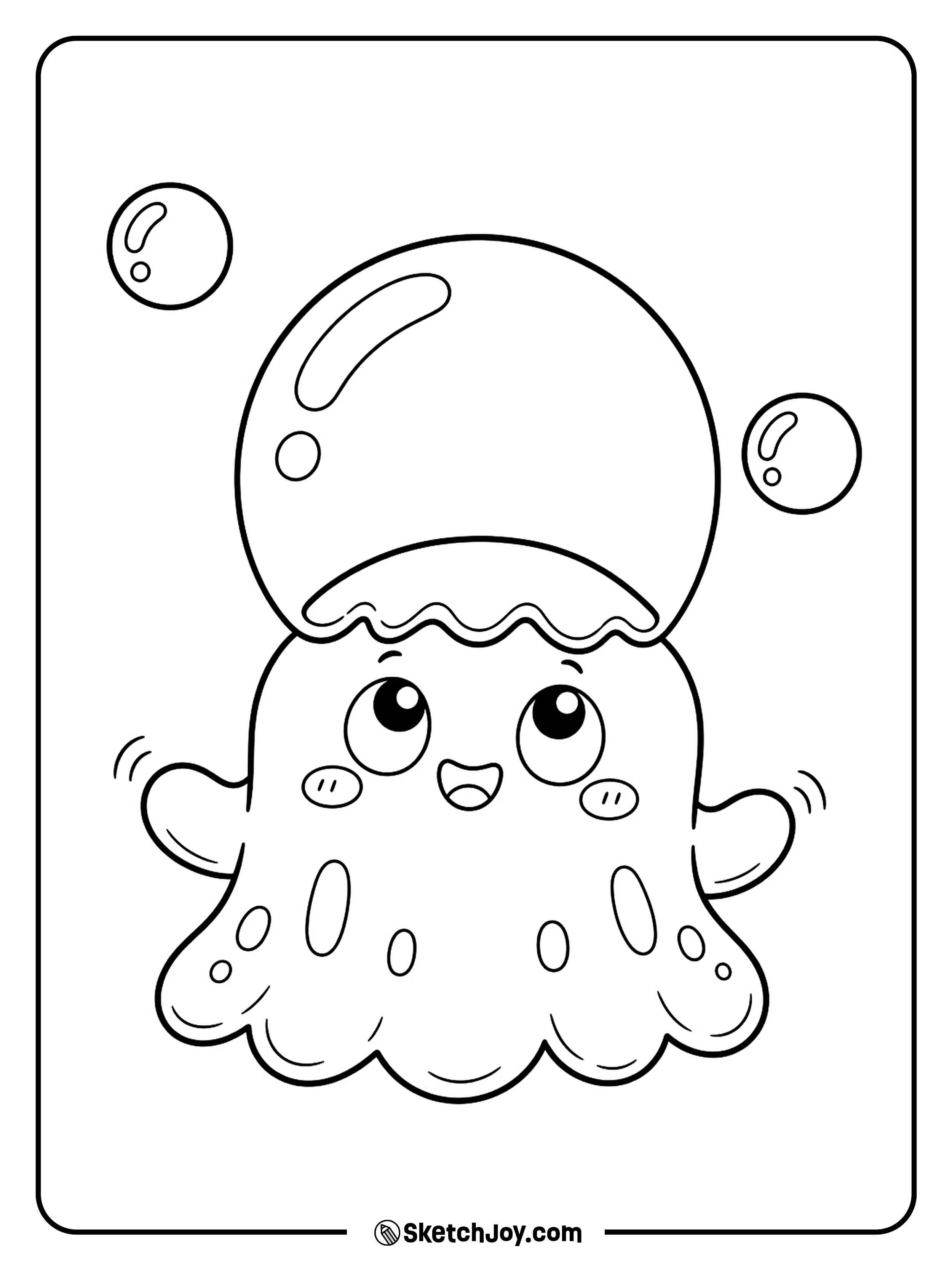 A jelly monster balances a giant bubble on its soft, wobbly head.