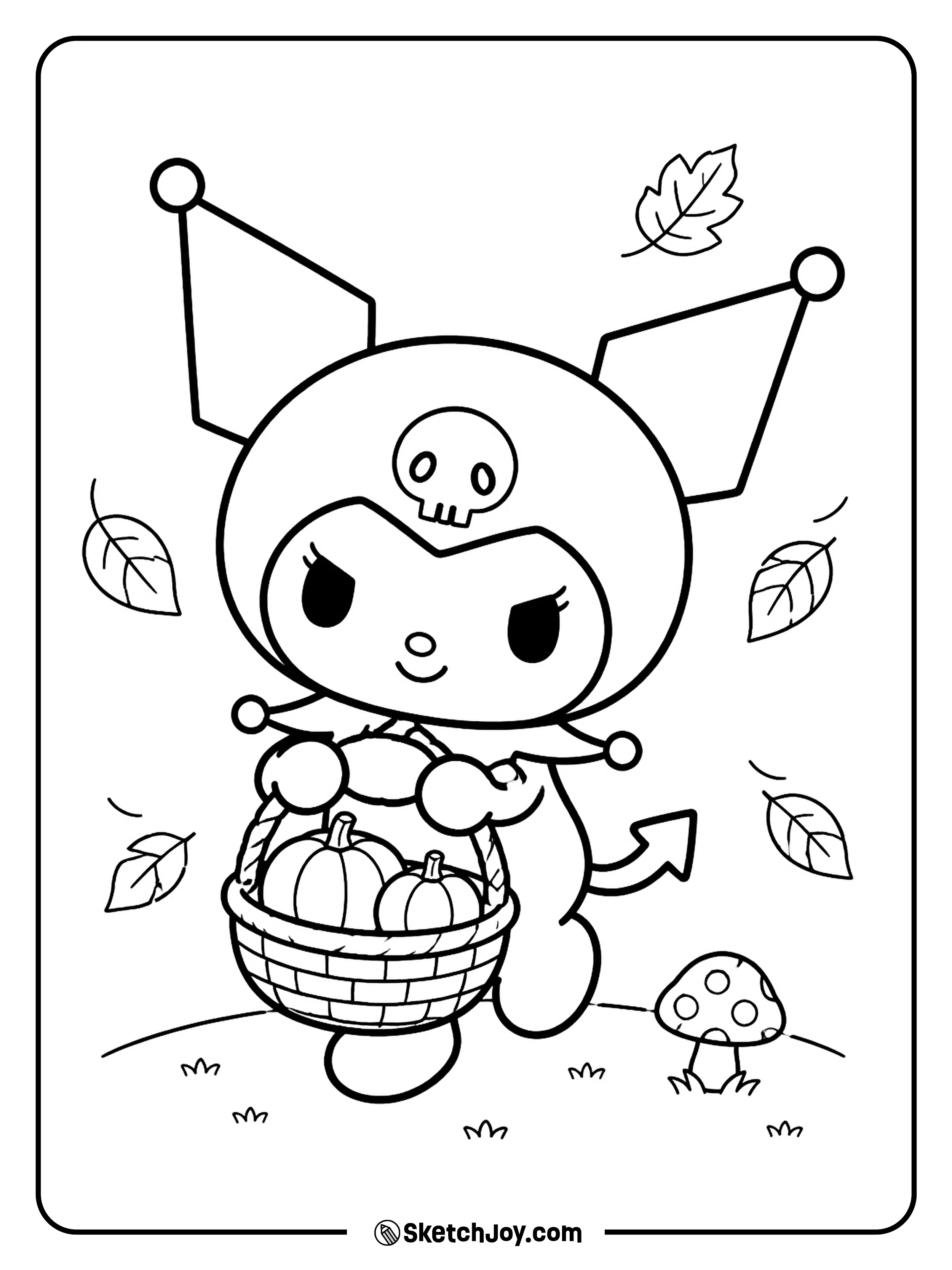 Kuromi walks with a basket full of tiny pumpkins.