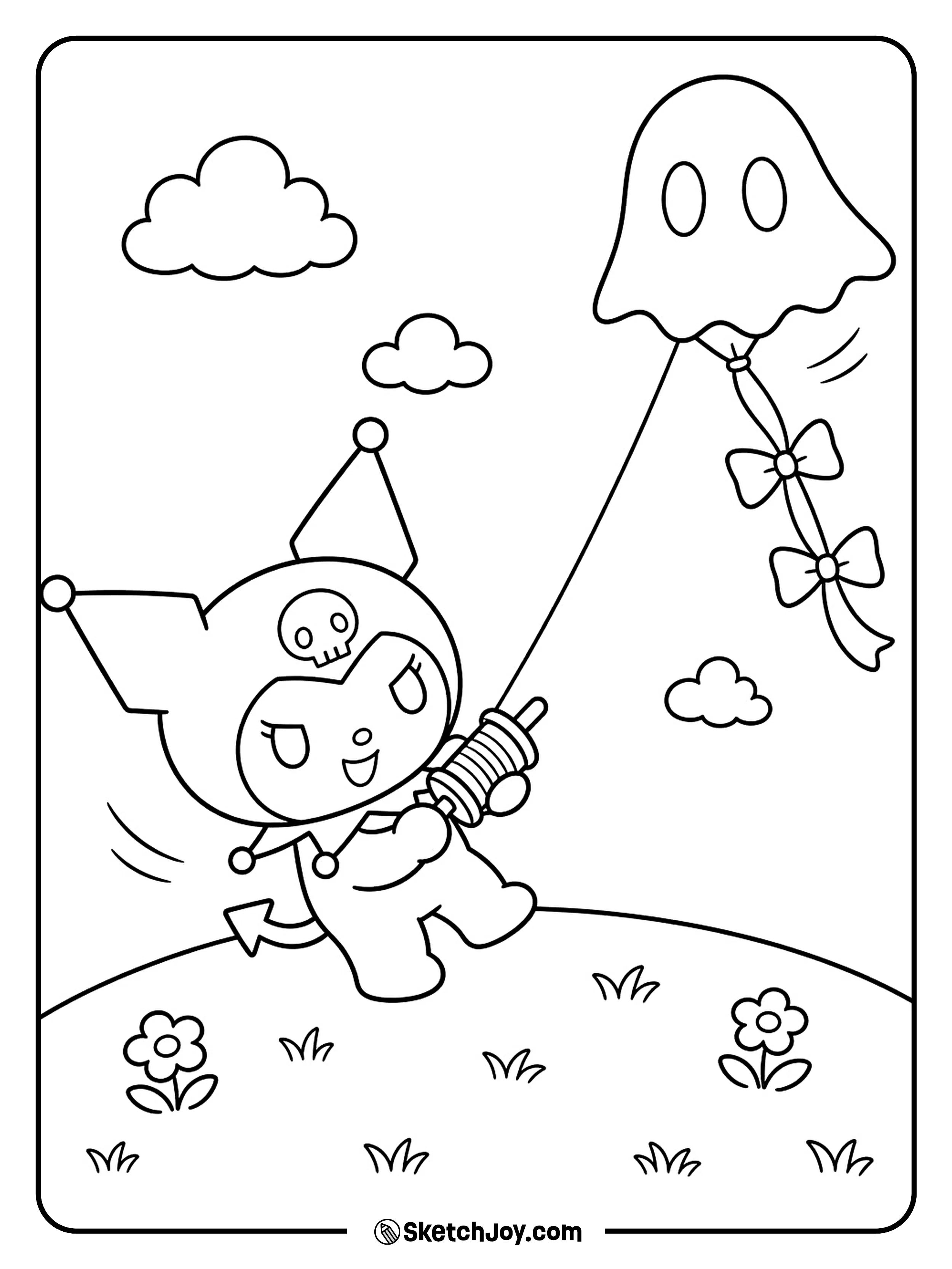 Kuromi flies a ghost kite above a small grassy hill.