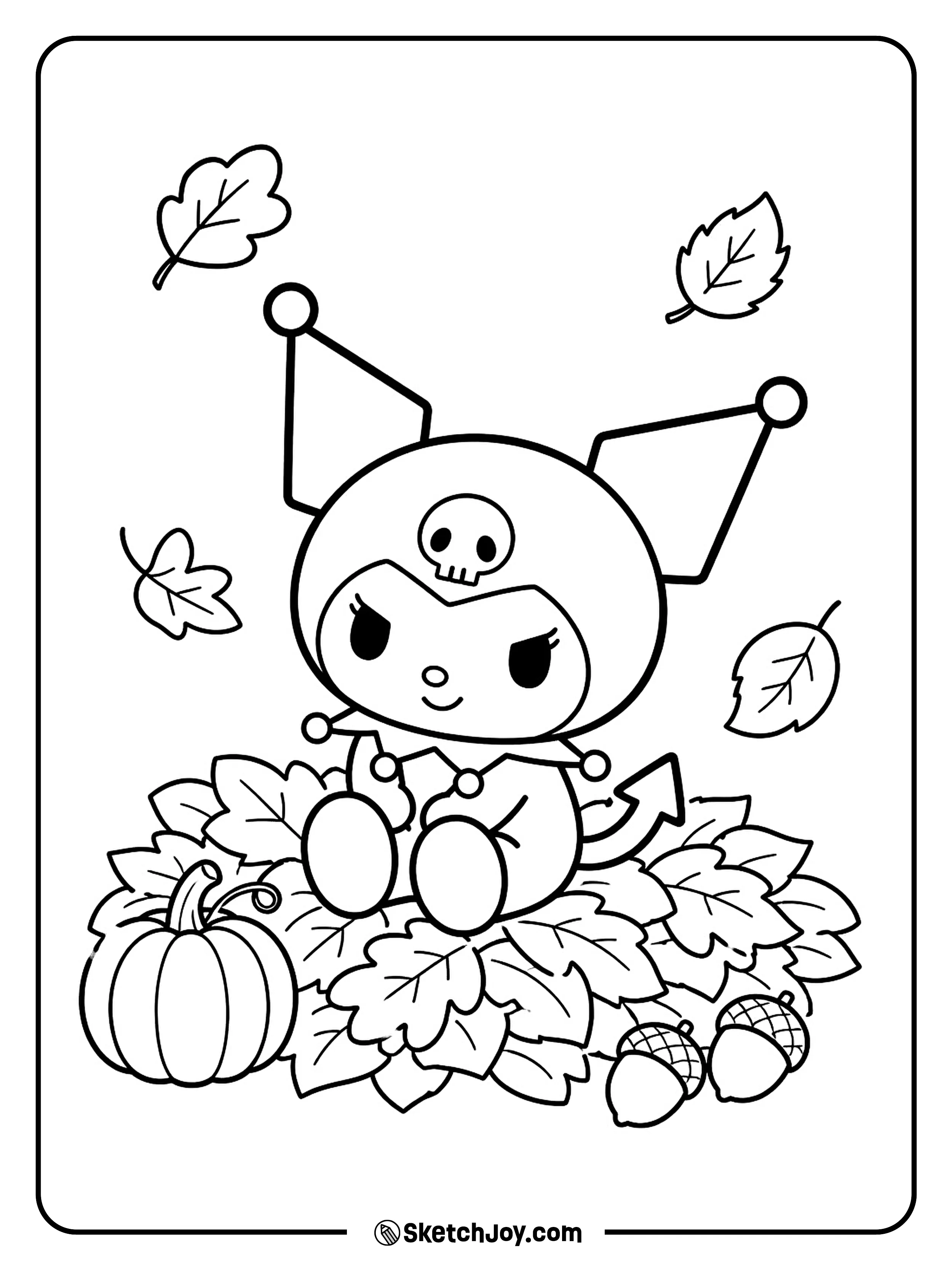 Kuromi sits in a crunchy pile of autumn leaves with a playful grin.