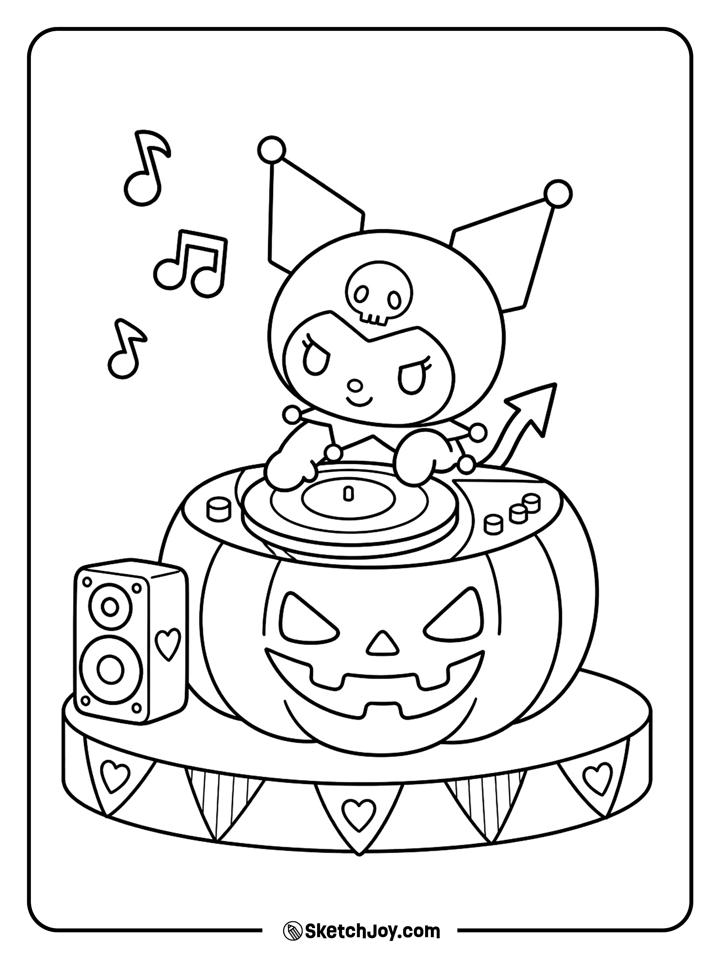 Kuromi spins a record at her pumpkin DJ booth.