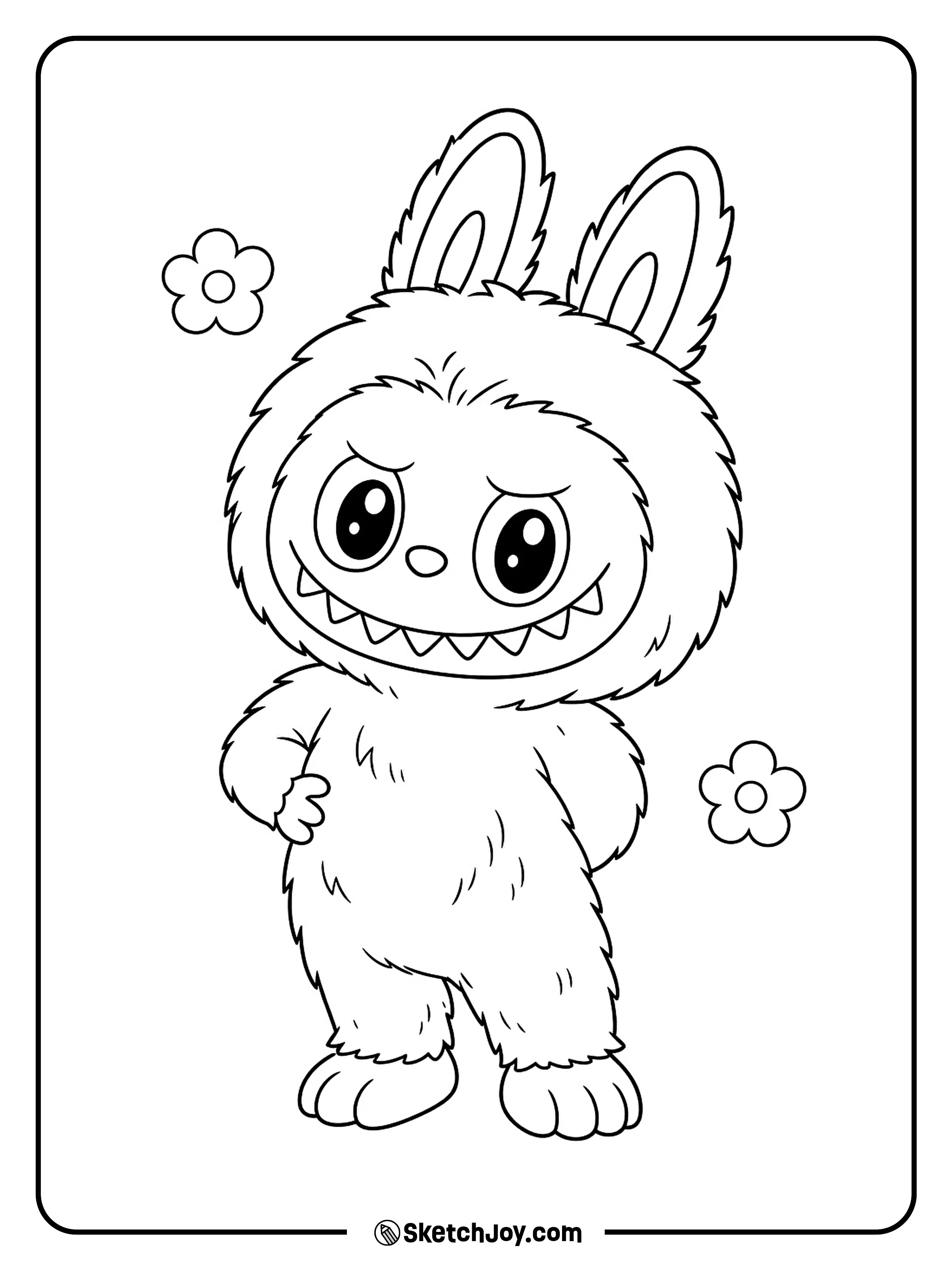 Labubu stands with one hand on her hip and a wide, cheeky grin.