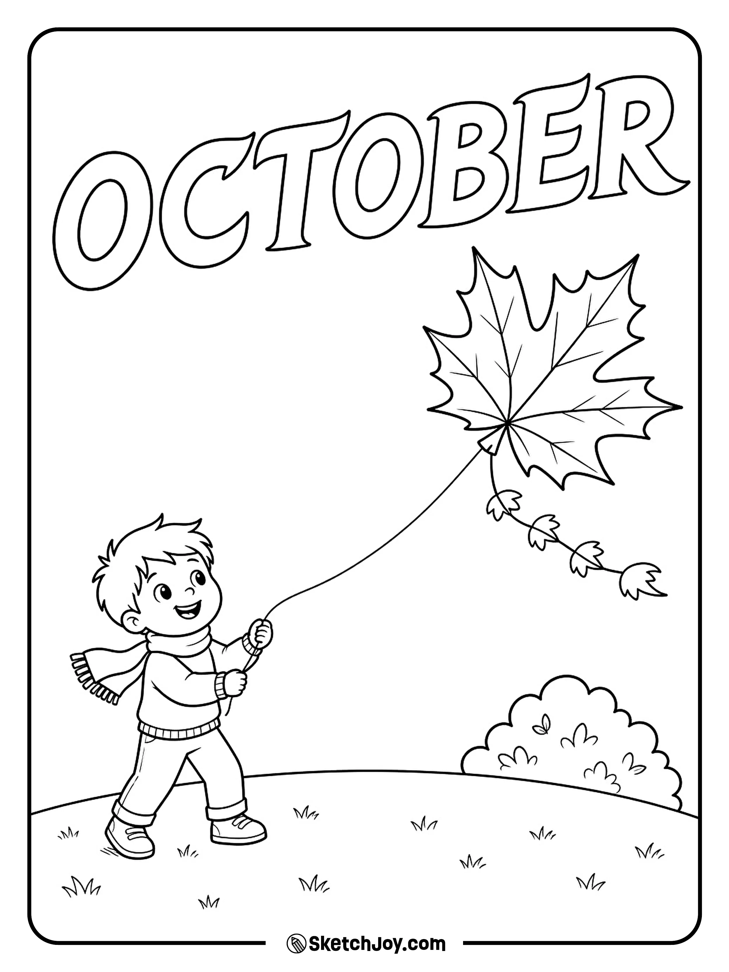 A child in a scarf flies a maple leaf kite over a low grassy hill.