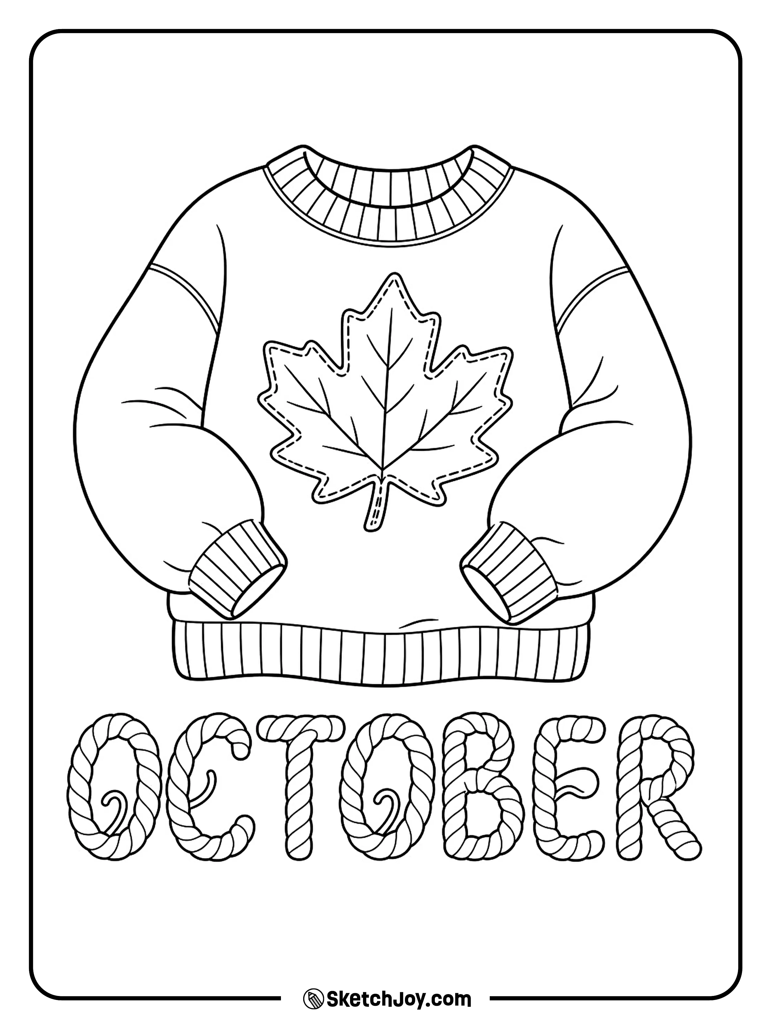 A cozy sweater has bent sleeves, a big leaf patch, and letters that look like soft yarn.