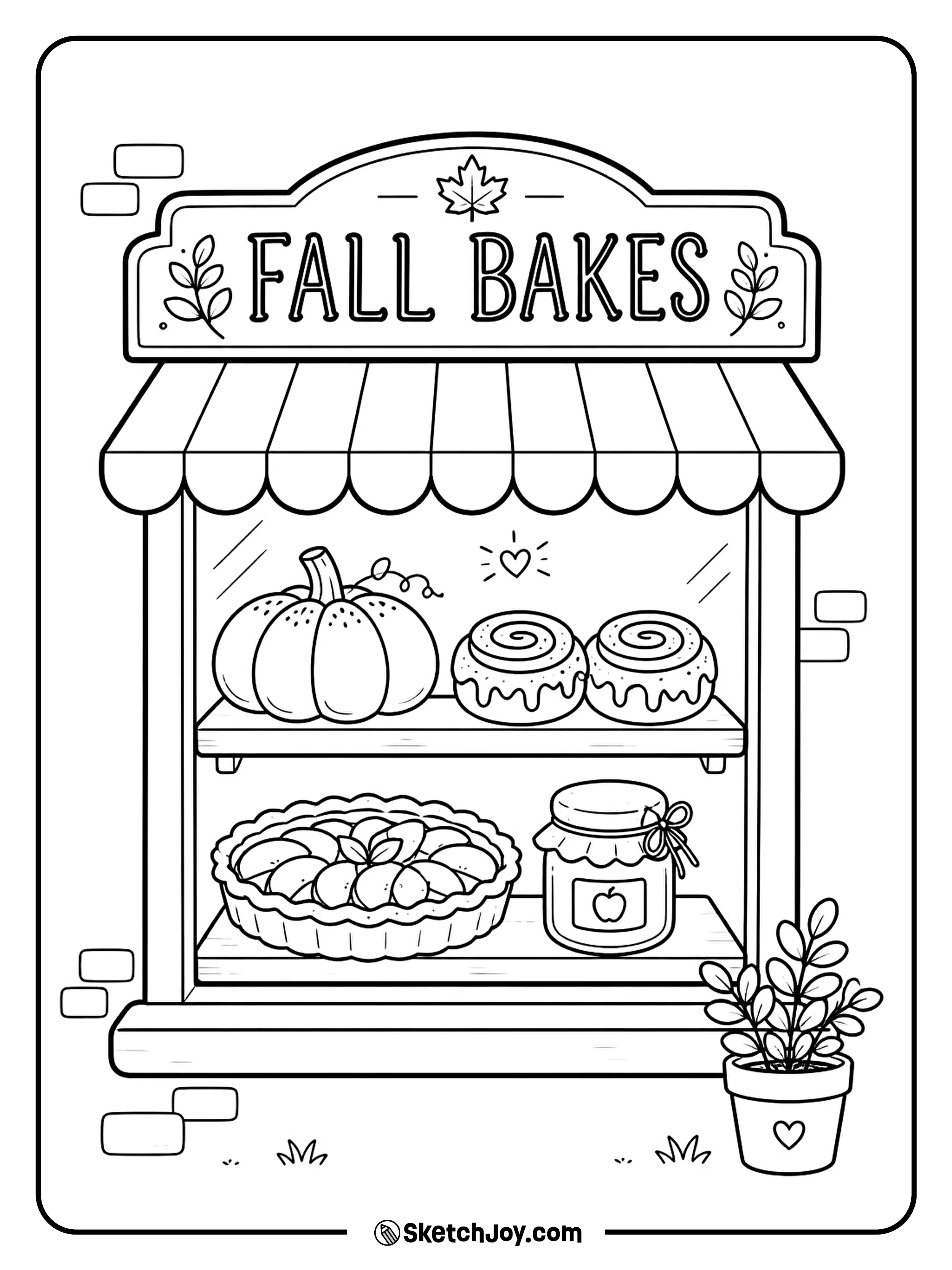 A small bakery window displays seasonal treats beneath a leafy sign.