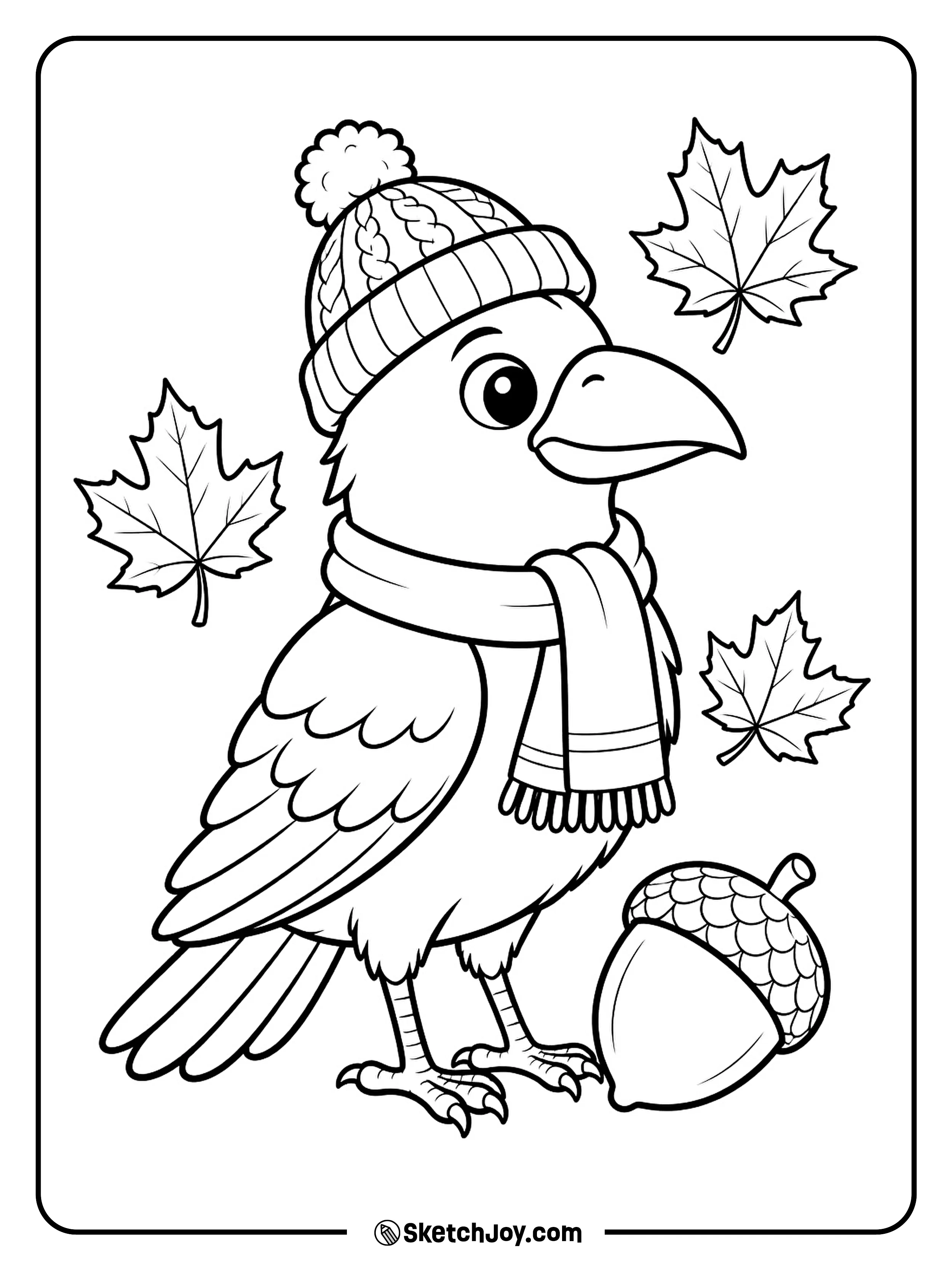 A friendly crow wears a tiny hat while standing beside an acorn.