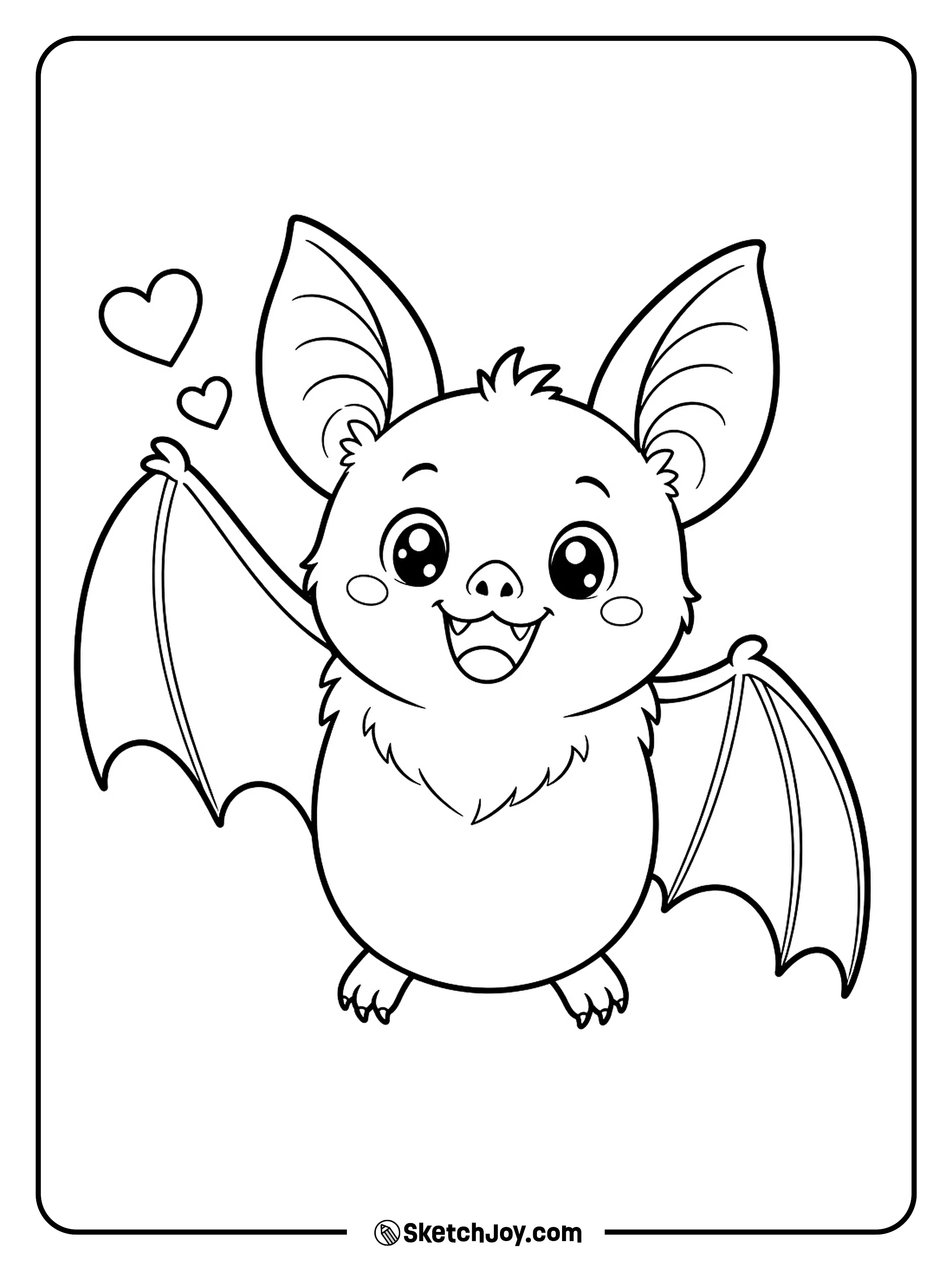 Two hearts float beside a cheerful bat waving one wing.