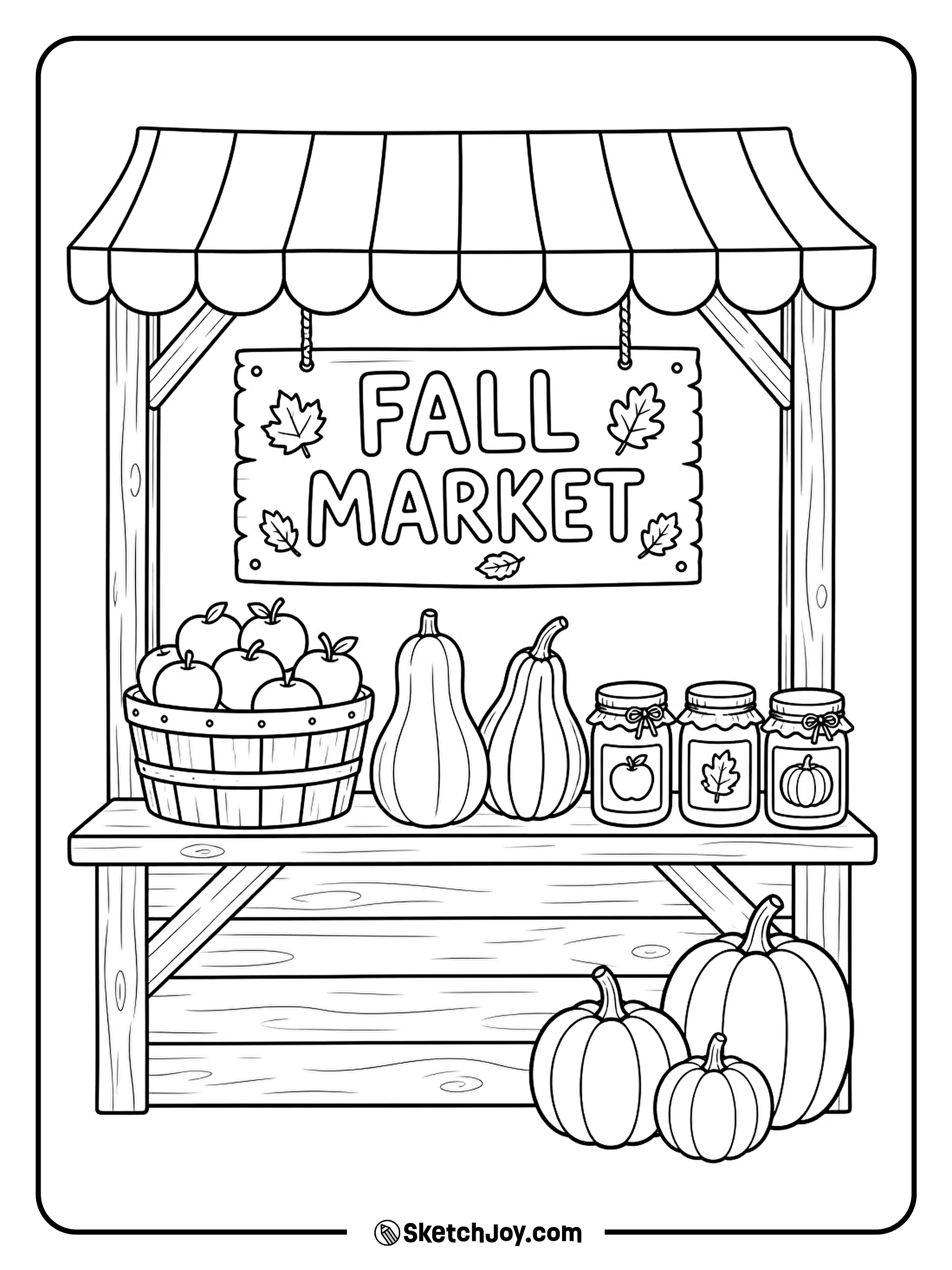 A small market stand displays apples, squash, and jars on a cool fall morning.