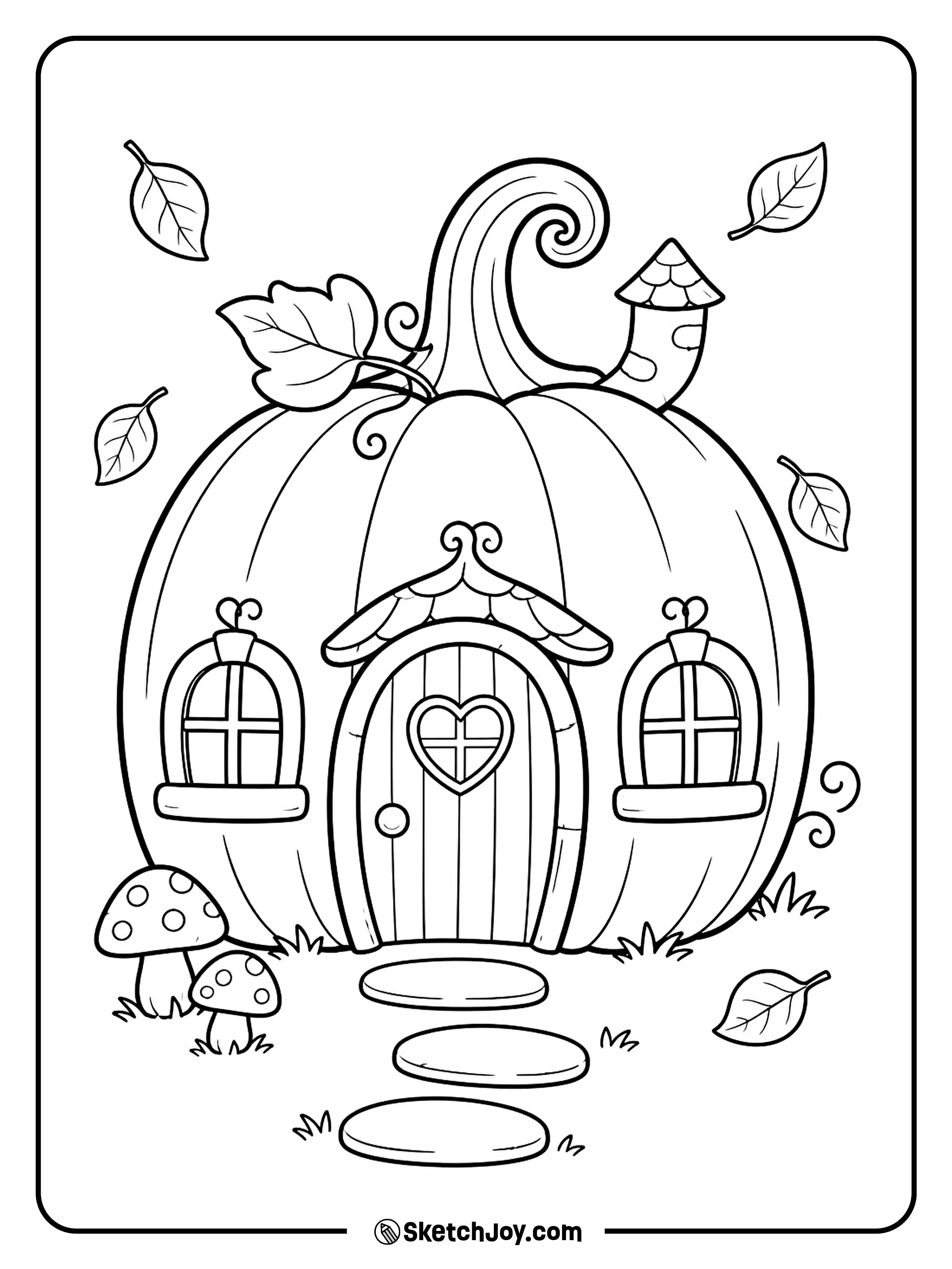 A tiny woodland home shaped like a pumpkin sits under falling autumn leaves.