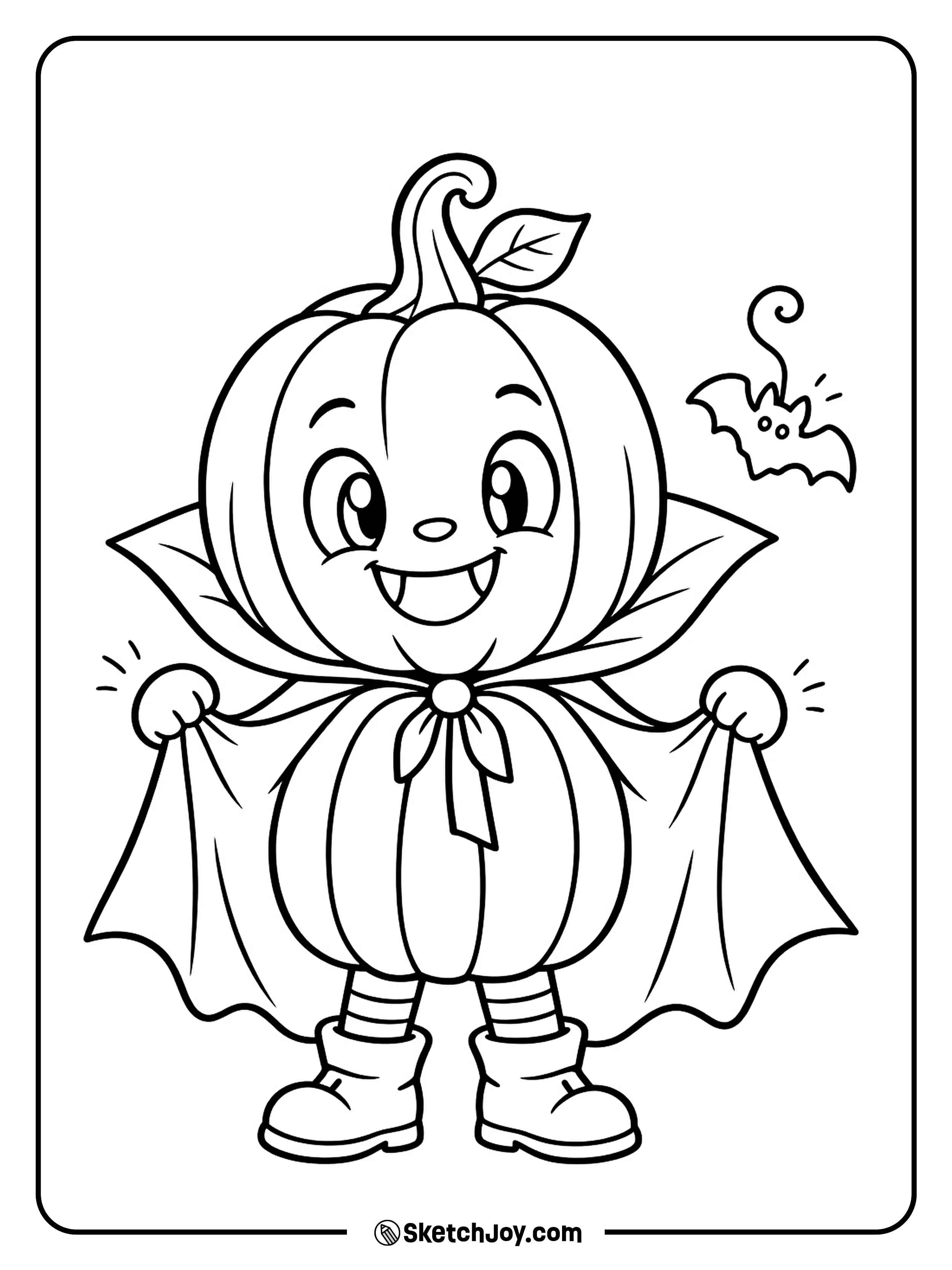 A tiny pumpkin vampire lifts its cape with a proud grin.