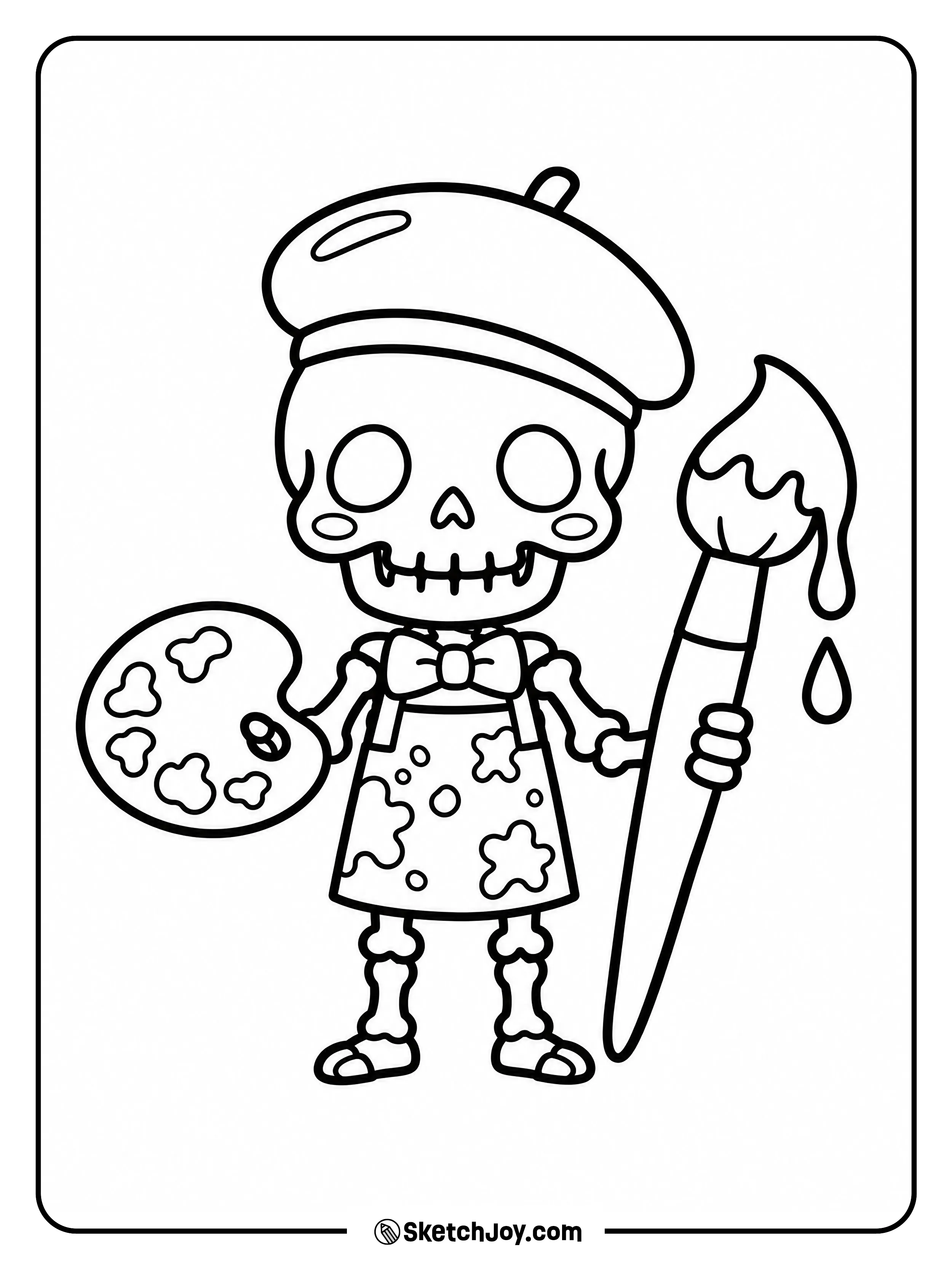 A smiling skeleton in a beret holds a paint palette and a large, dripping brush.