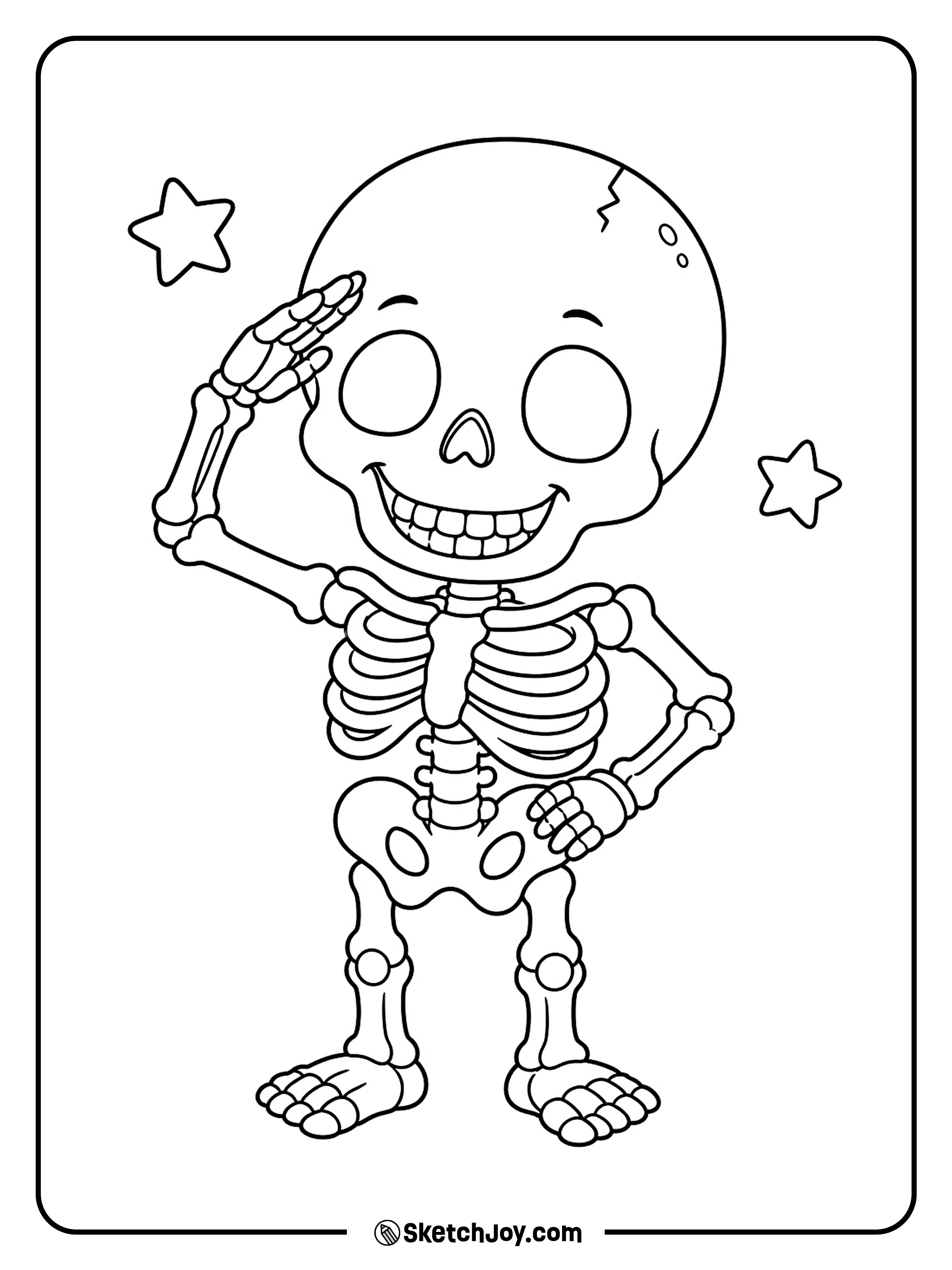 A cheerful little skeleton gives a salute with one hand beside its smiling skull.