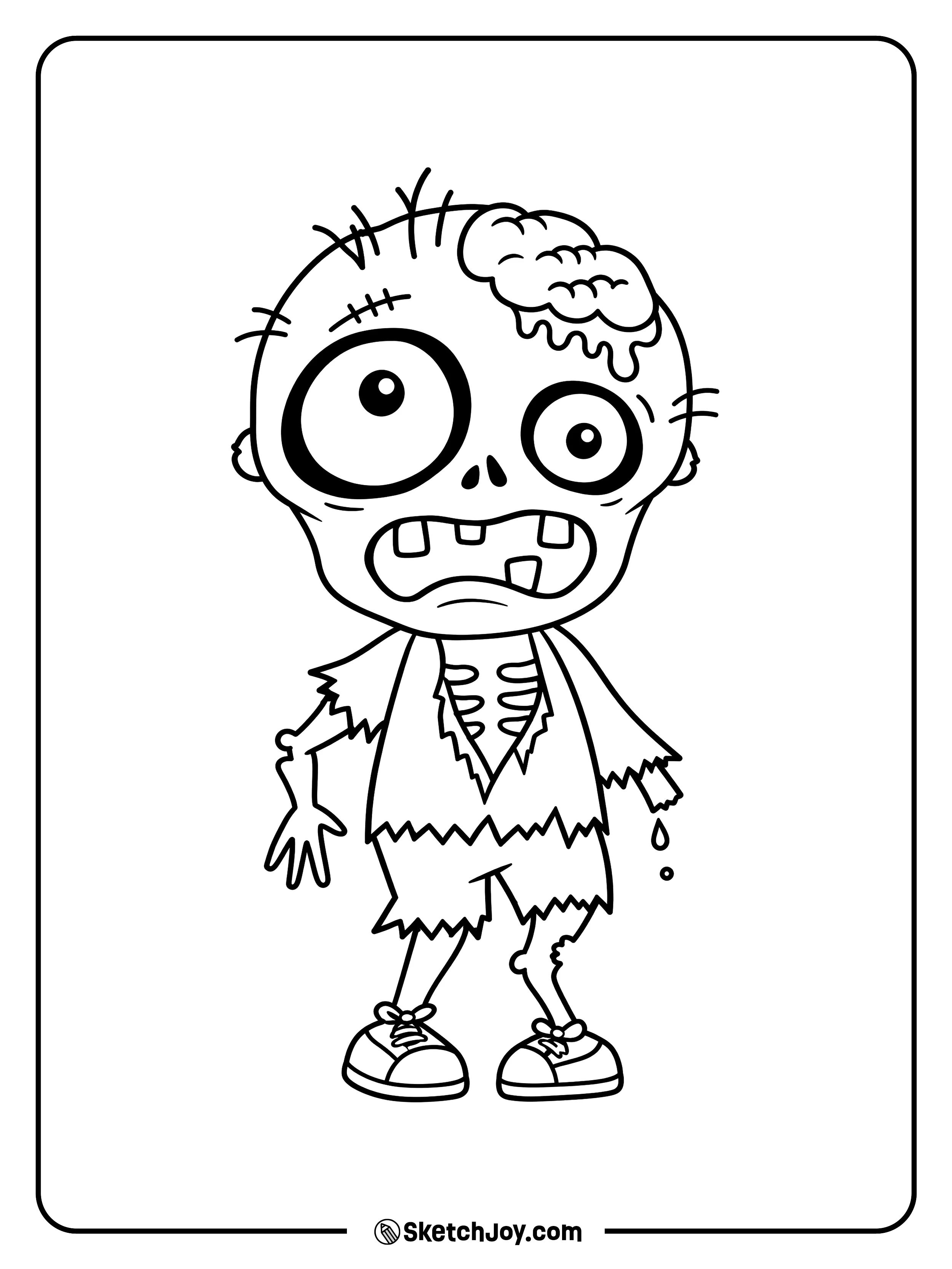 A little zombie with huge uneven eyes wears a ragged outfit over his bony chest.