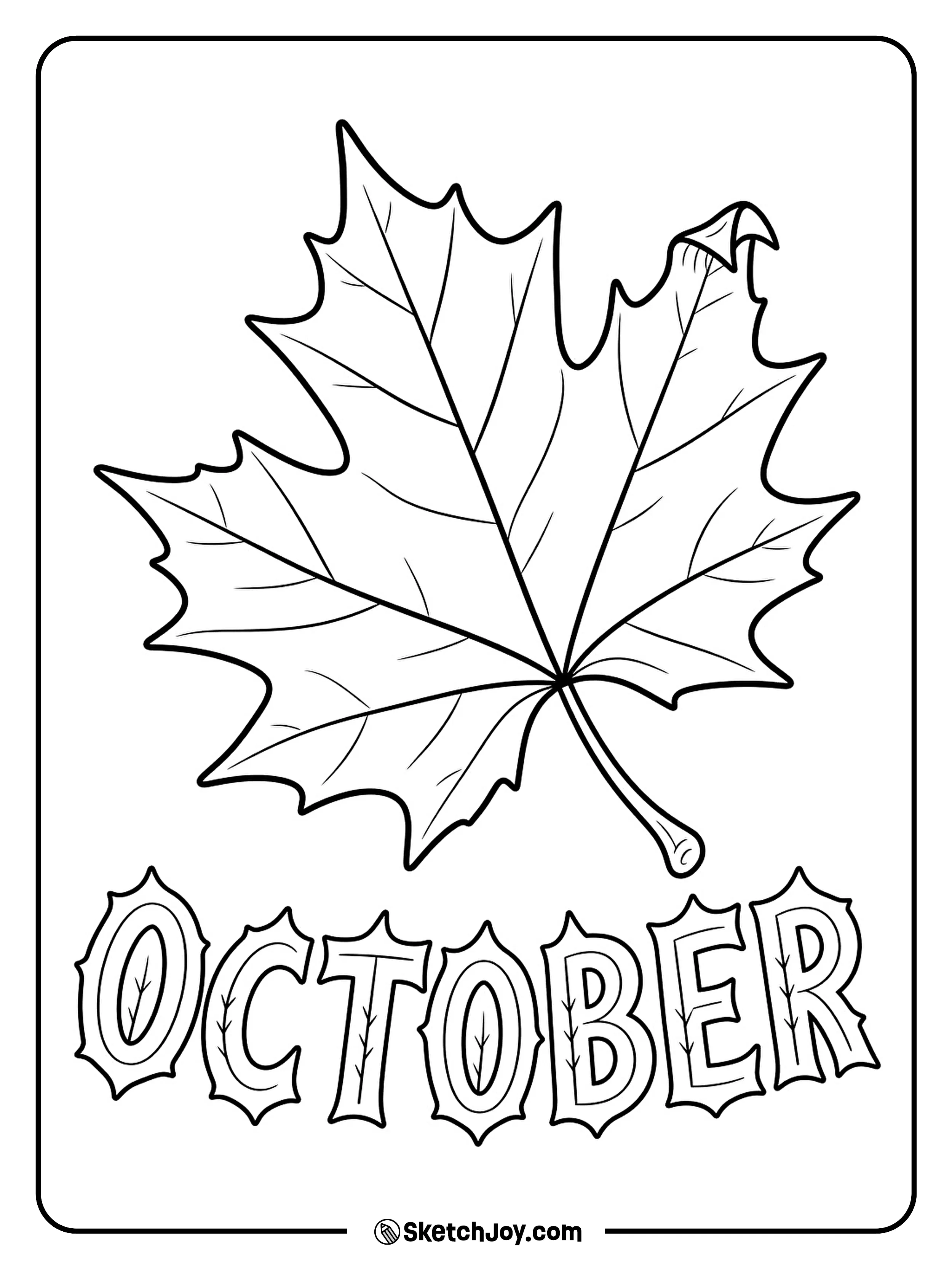 A large maple leaf curls at one tip beside letters shaped by fall leaves.