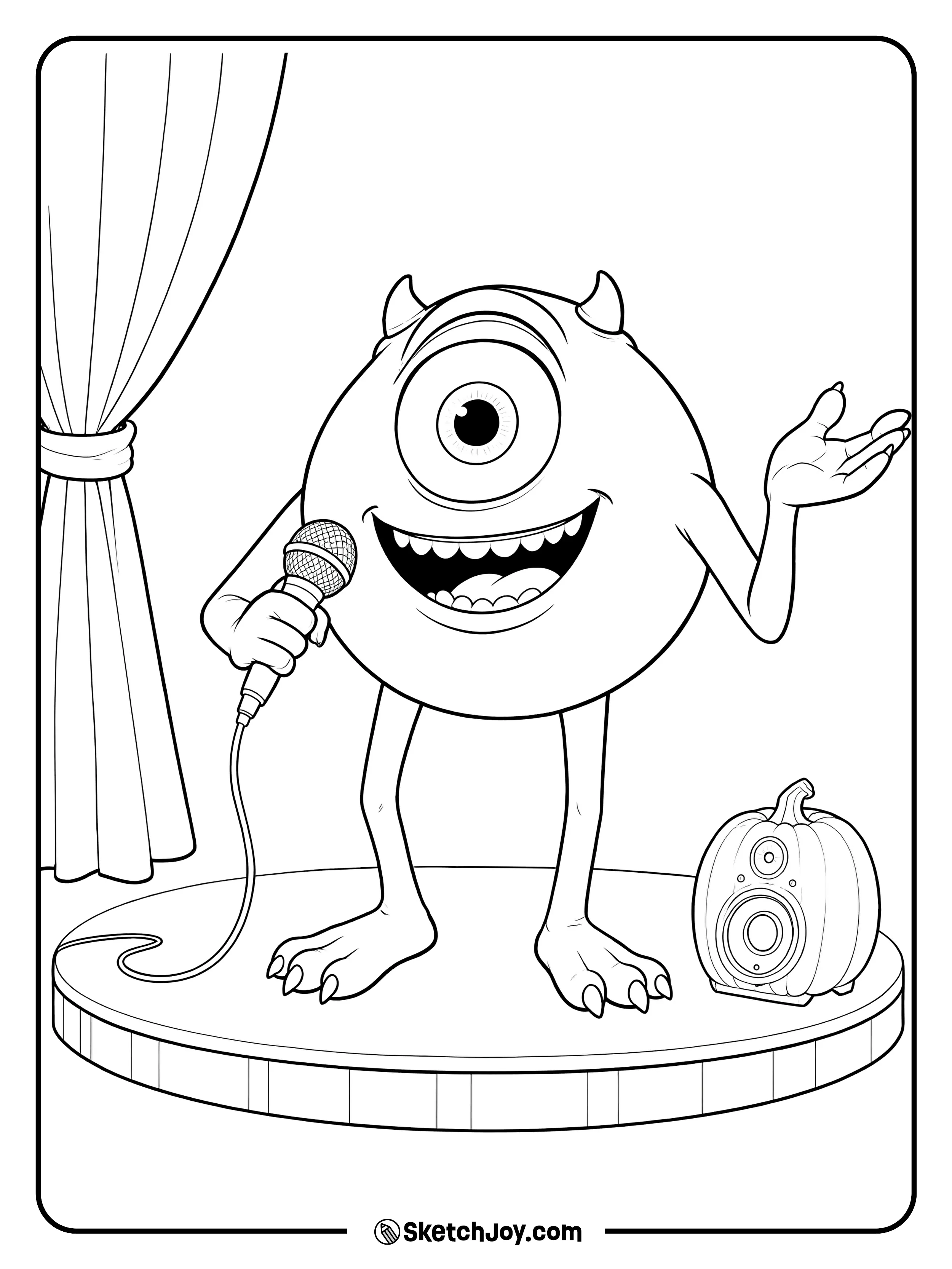 Mike Wazowski tells a joke into a microphone on a tiny stage.