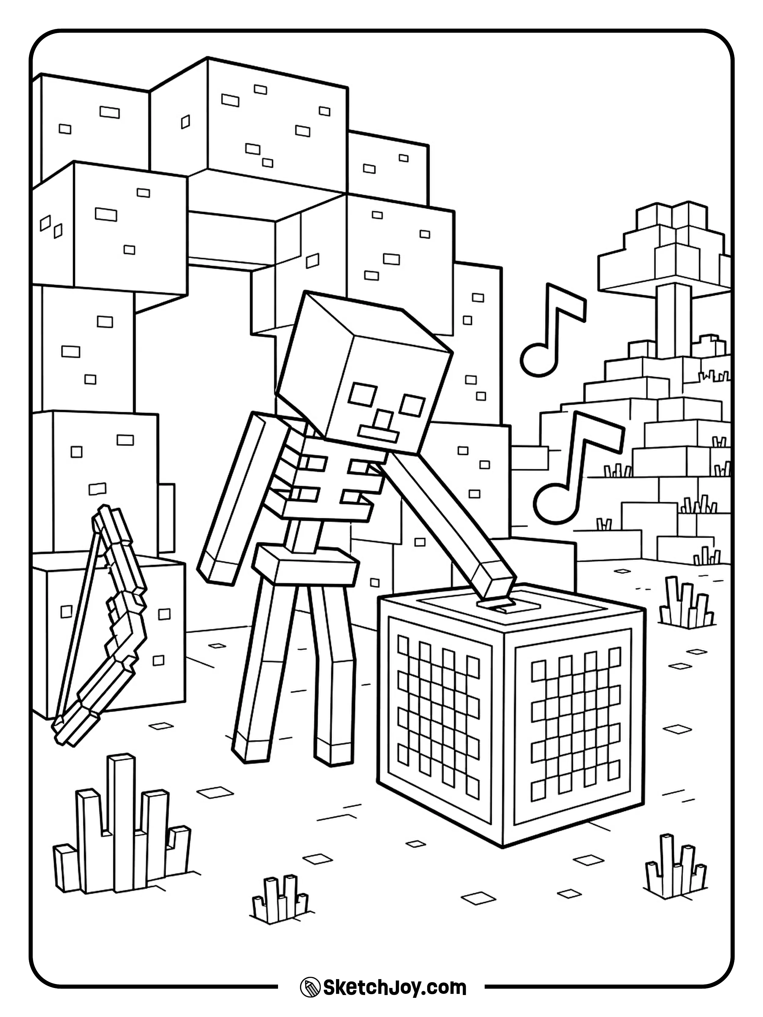 A Minecraft skeleton taps a note block beside a small cave entrance.